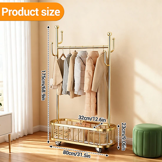 BebreezChic 315in Floor Clothes Rack with Storage Basket, Mobile, Hooks, Gold