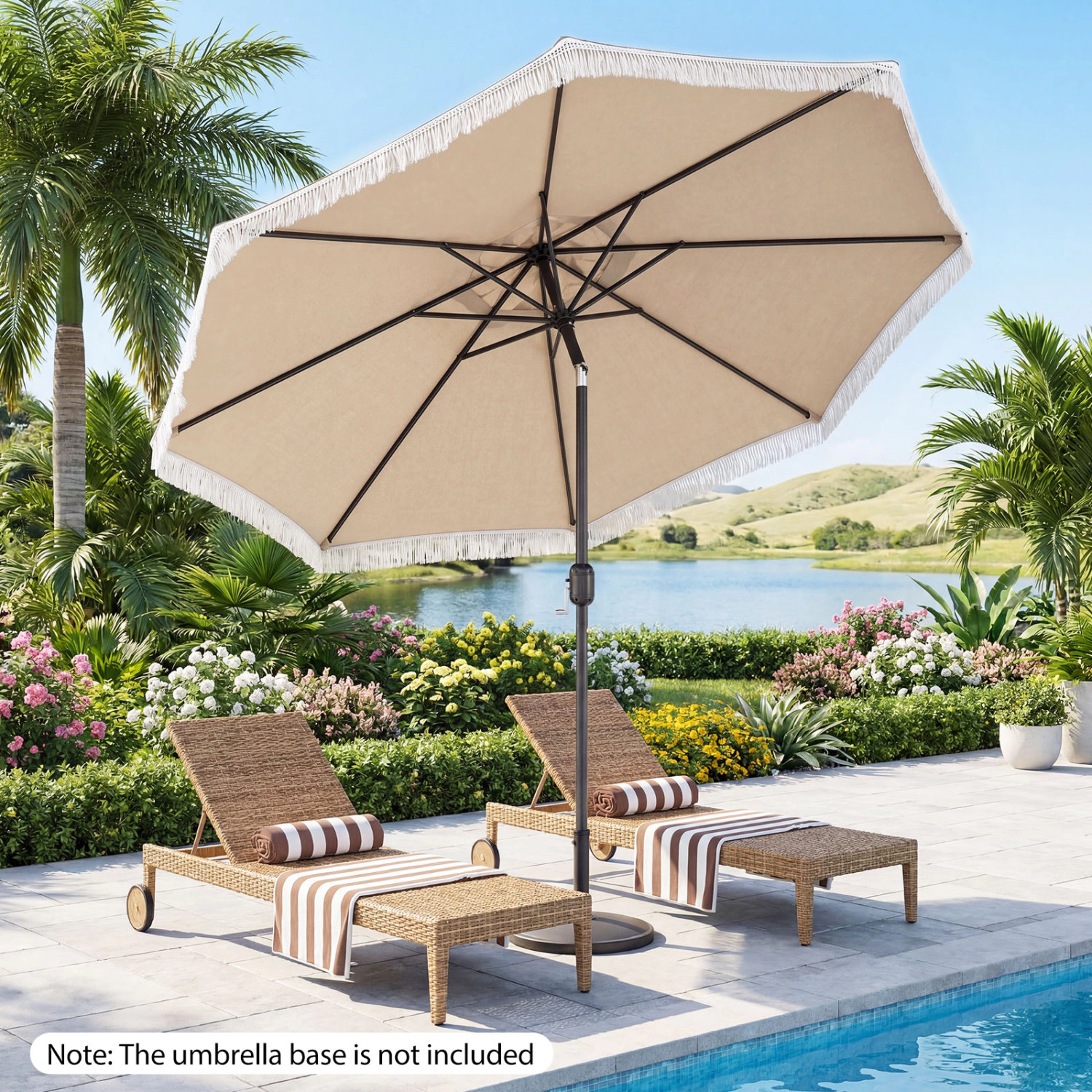 SlickBlue 9 FT Outdoor Patio Umbrella with Tilt Function and Tassel Fringe