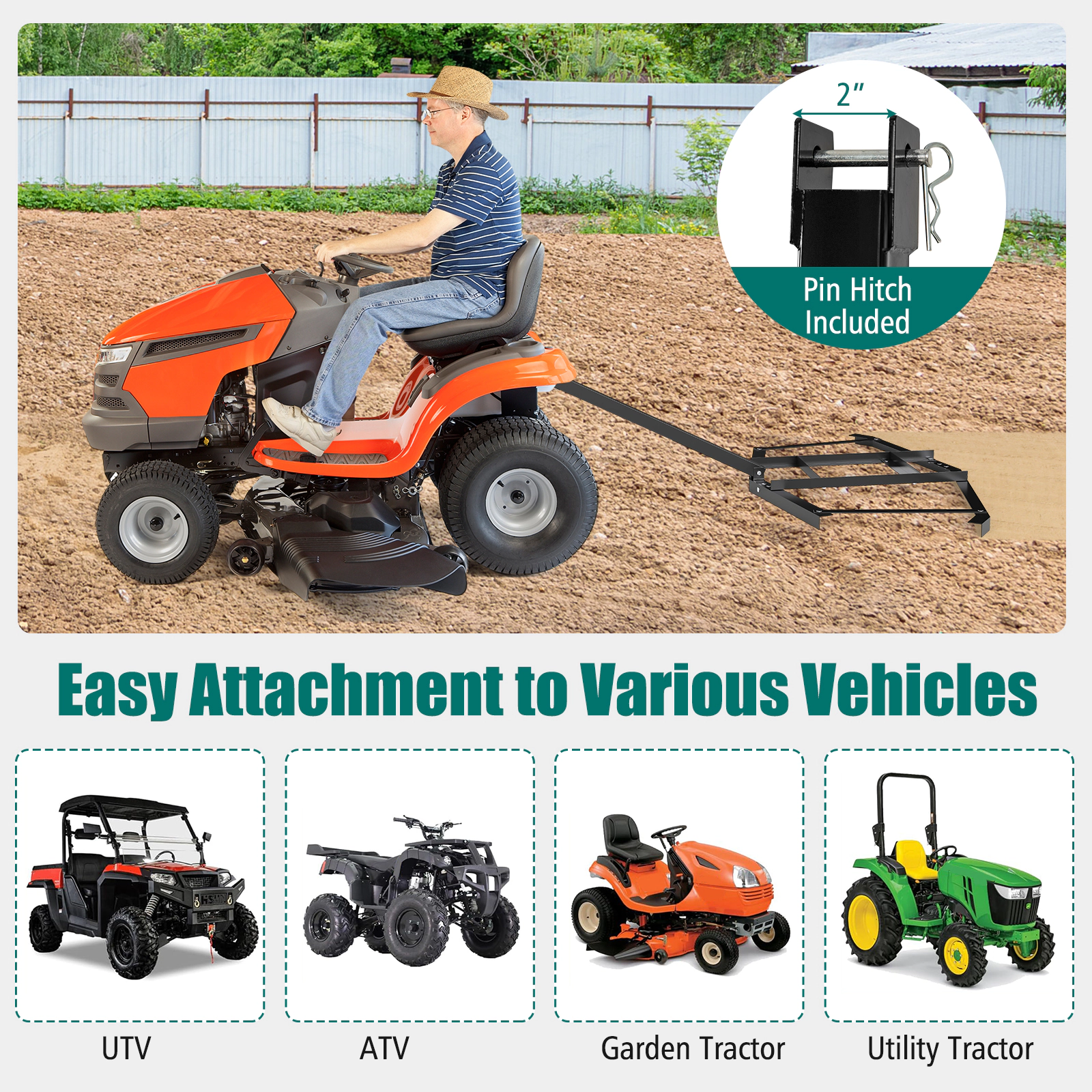SUGIFT Black 74-in Tow Behind Driveway Drag Harrow Leveling Rake with Pin Hitch for ATV UTV and Tractor