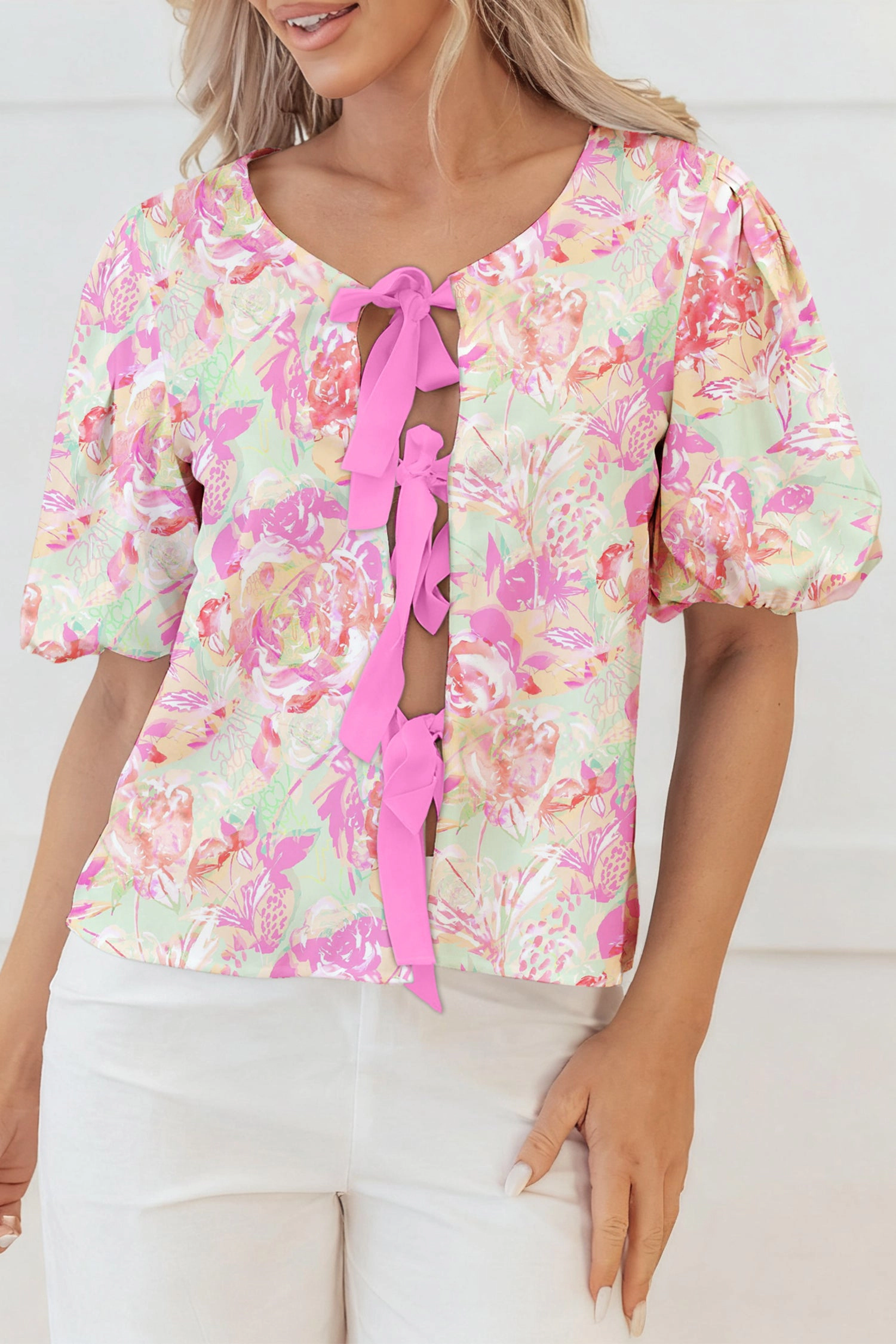 Threaded Pear Womens Ayla Short Puff Sleeve Blouse - Floral Pink