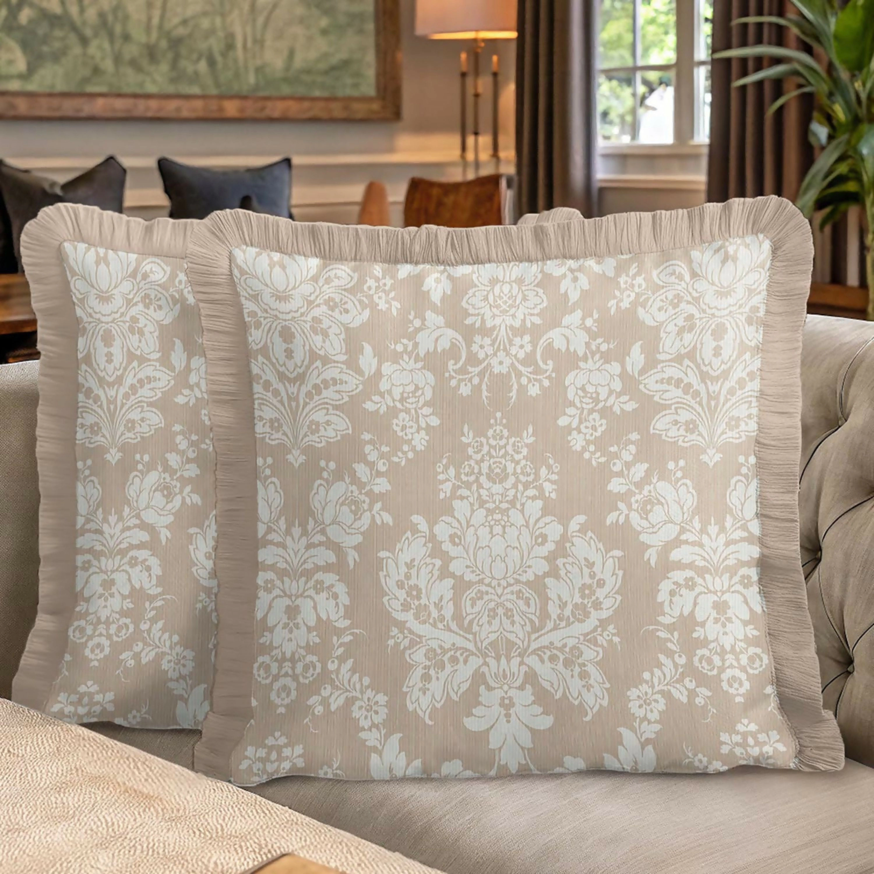 Wear Sierra Cream Floral Baroque Fringed Set of 2 Throw Pillow Cover