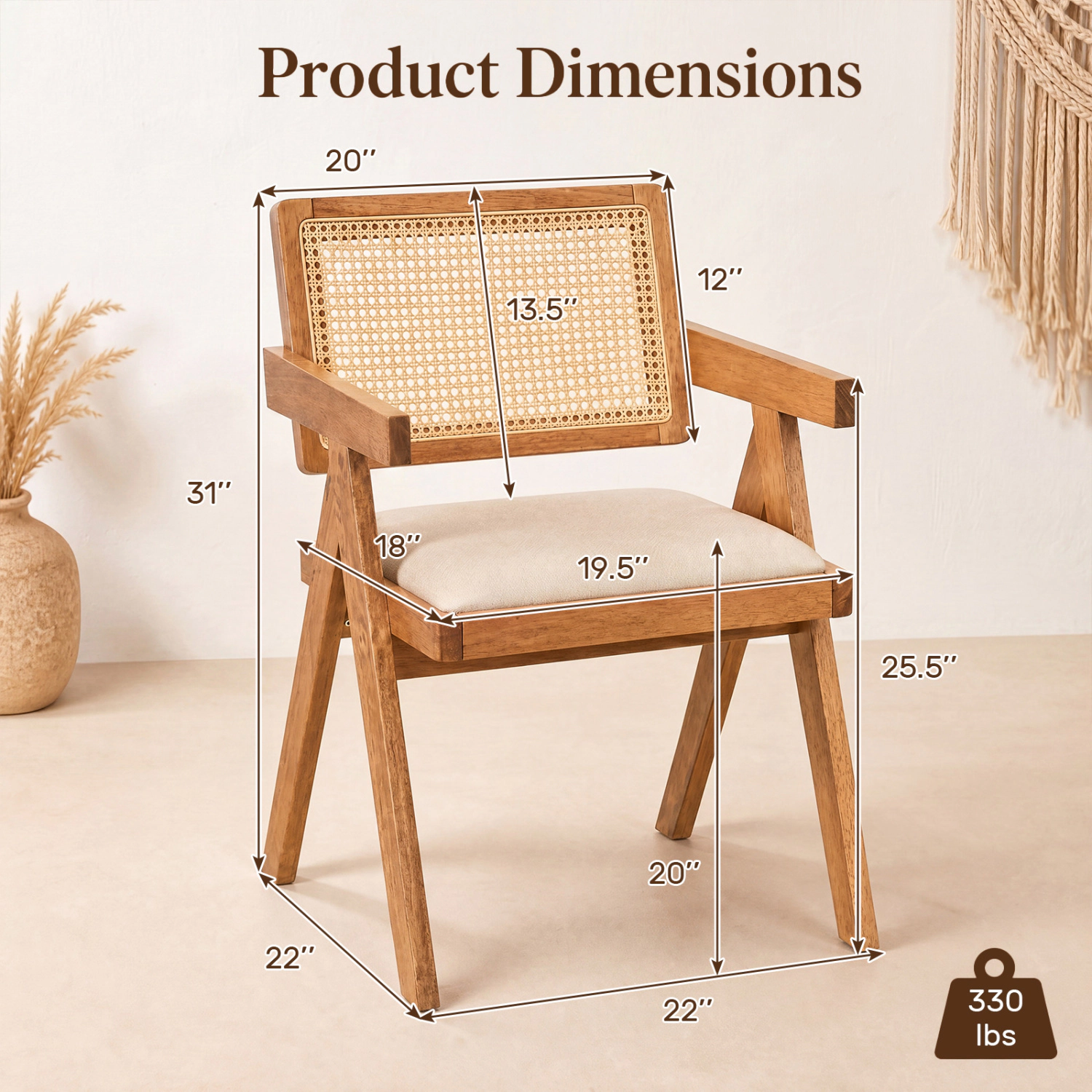 LJG Set of 2 Rattan Accent Chairs with Padded Cushion and Rubber Wood Frame