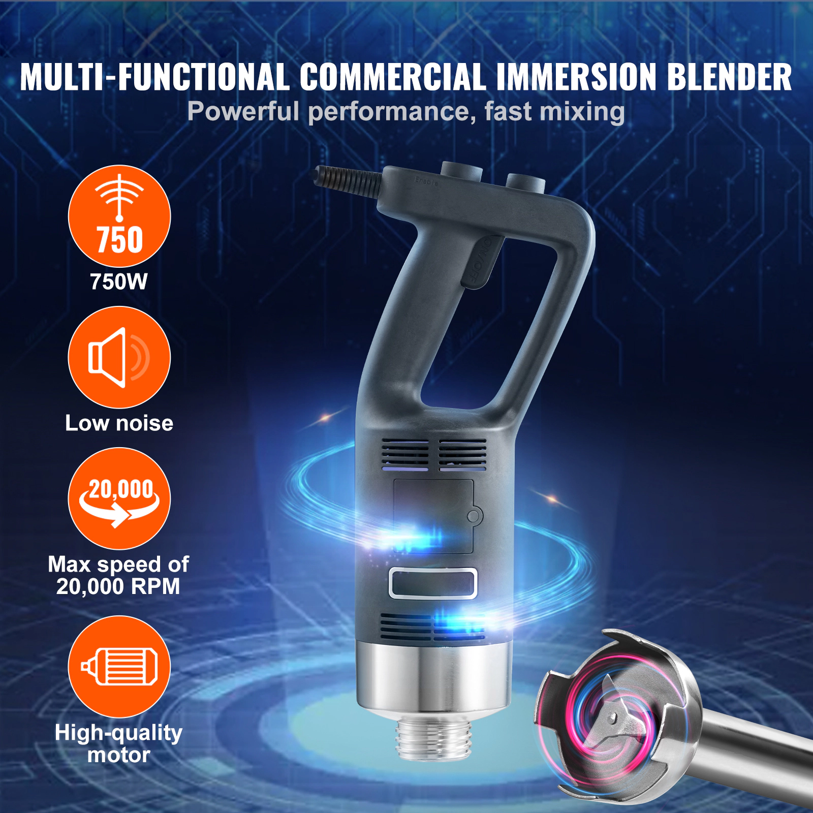 HONGGE Commercial Immersion Blender 750W Heavy Duty Hand Mixer Variable Speed Kitchen Stick with 304 Stainless