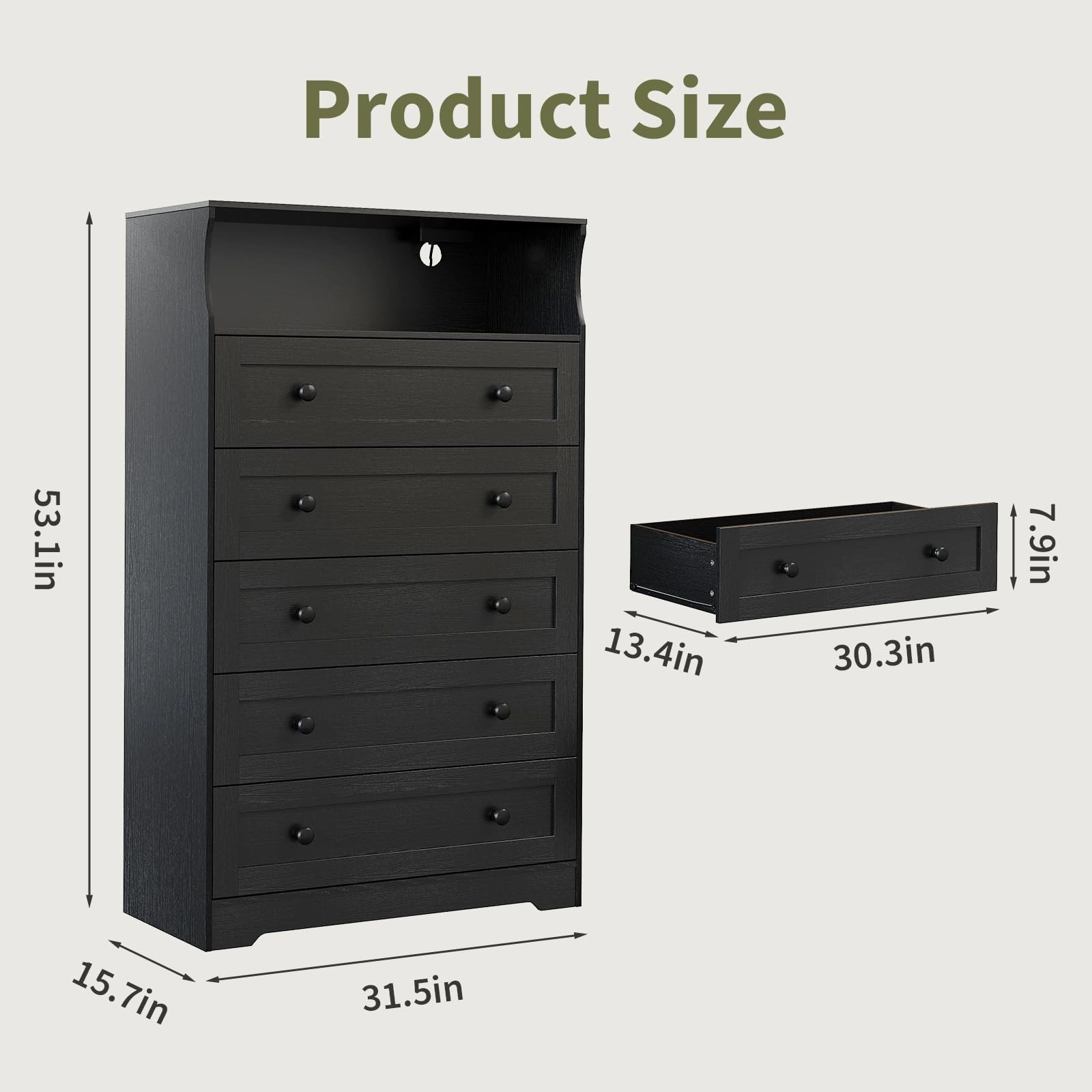 53.1" Tall 5 Drawer Dresser with LED Shelf & Charging Station, Wood Storage Chest
