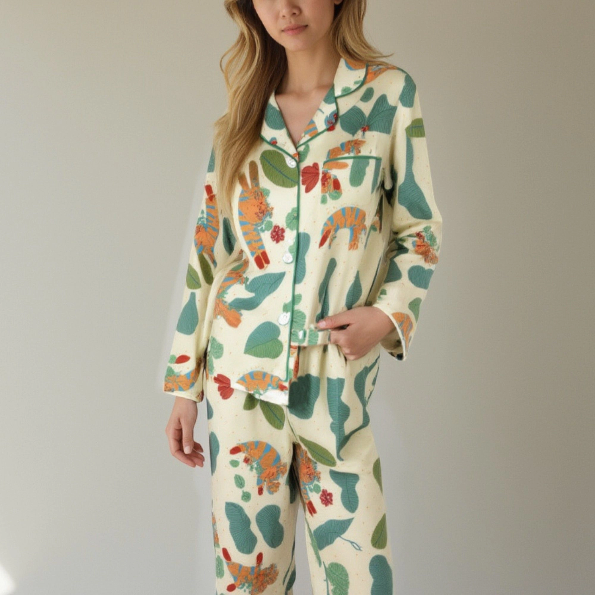 Anna-Kaci Women's Long Sleeve Button Up Jungle Print Pajama Set with Chest Pocket and Matching Pants
