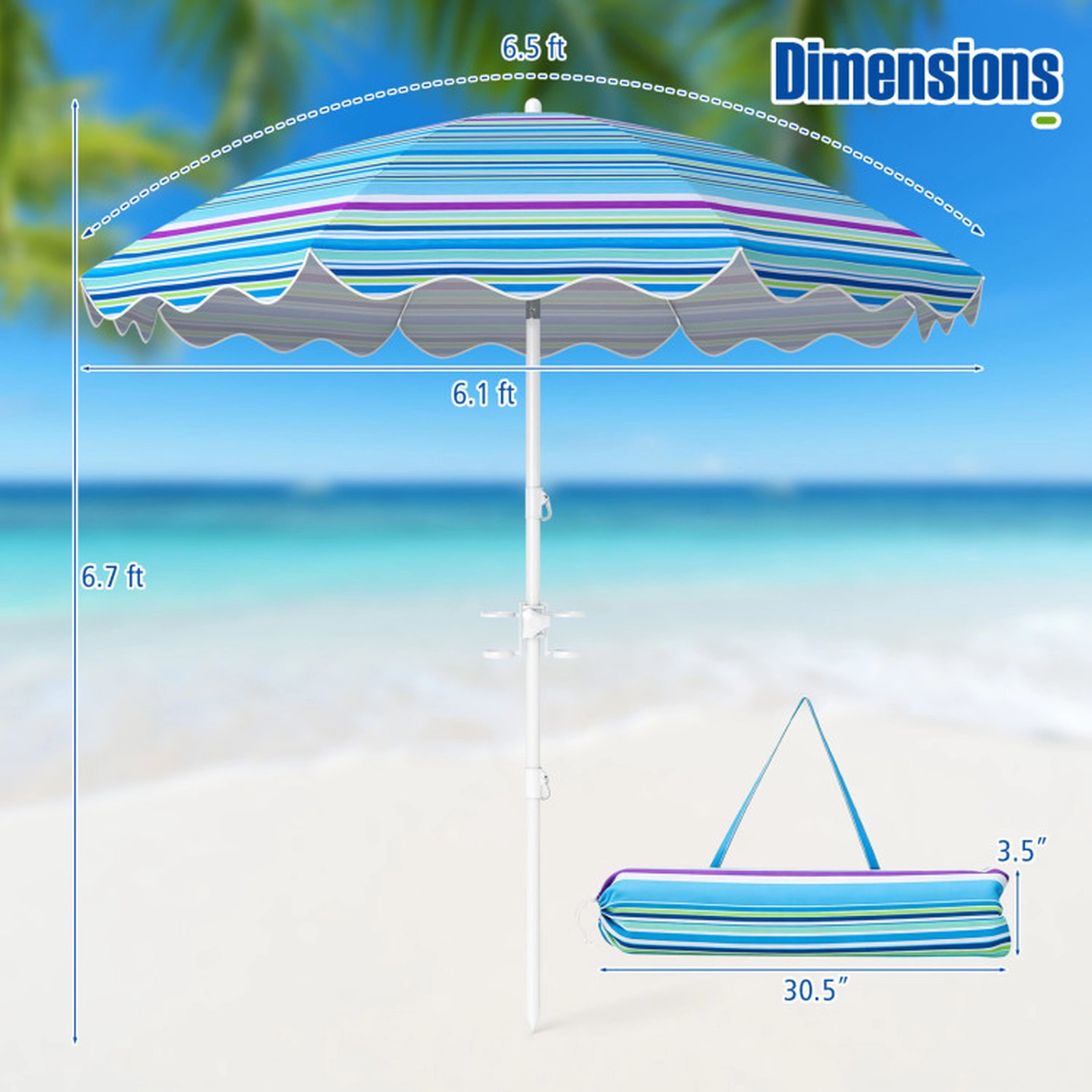 SUGIFT UPF 50+ 6.5-ft Beach Umbrella with Sand Anchor, Tilt Function, Cup Holders and Carrying Bag 4-Piece Set Blue