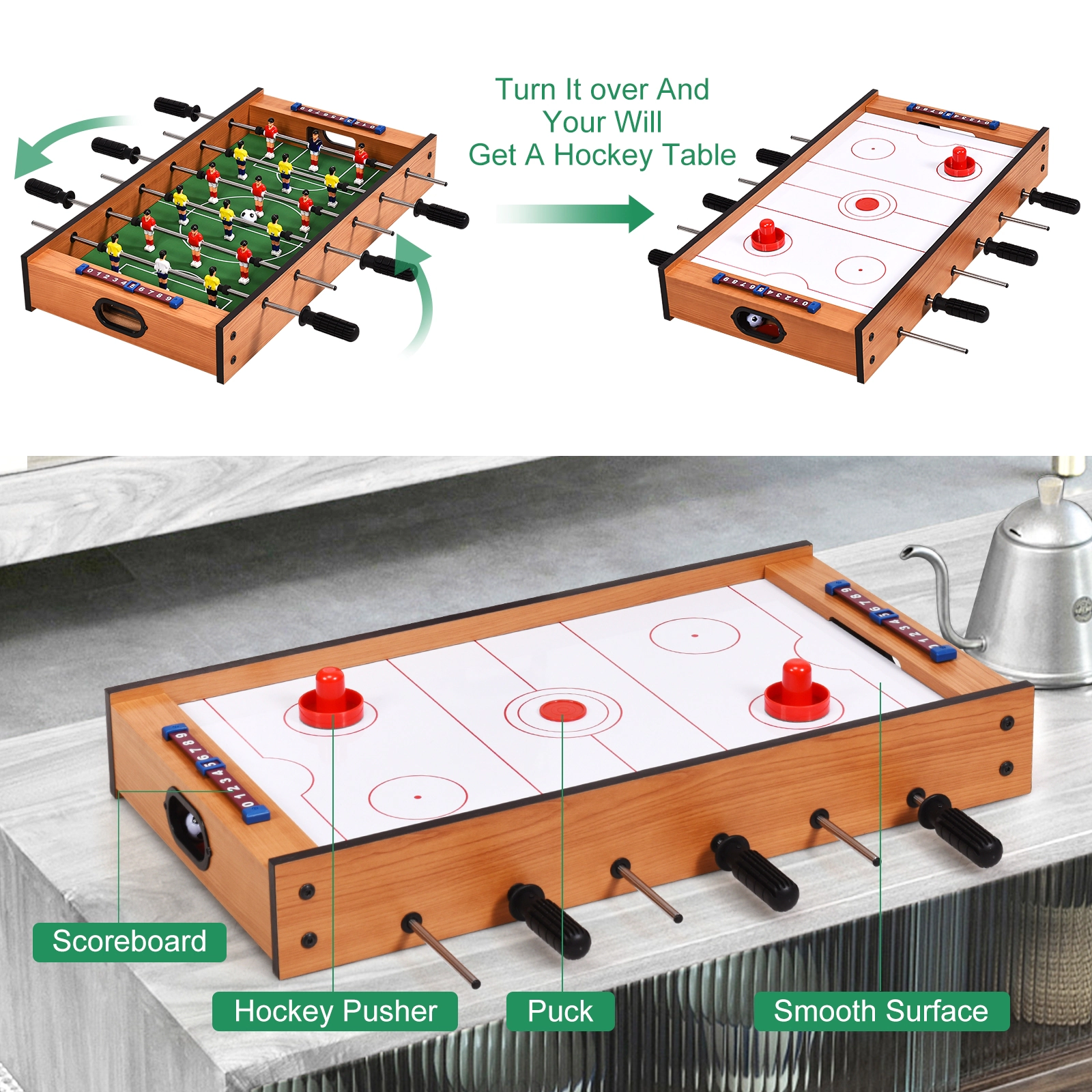 SUGIFT 2-in-1 Rotating Tabletop Air Hockey Foosball Game Table Indoor Outdoor Play Set