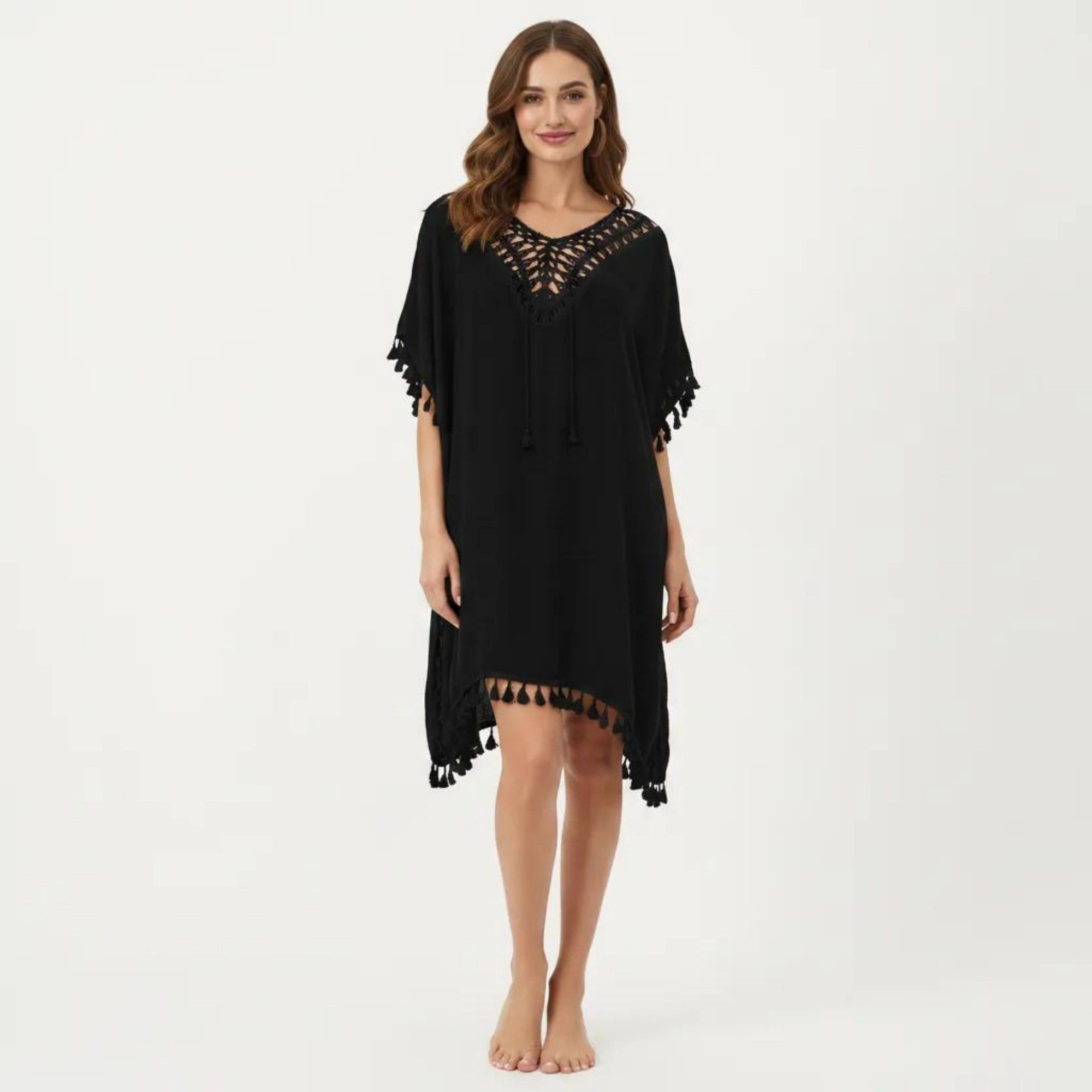Anna-Kaci Women's Sheer Crochet V Neck Swim Cover Up Poncho with Tassel Trim and Flowy Silhouette