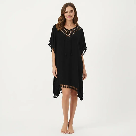 Anna-Kaci Women's Sheer Crochet V Neck Swim Cover Up Poncho with Tassel Trim and Flowy Silhouette