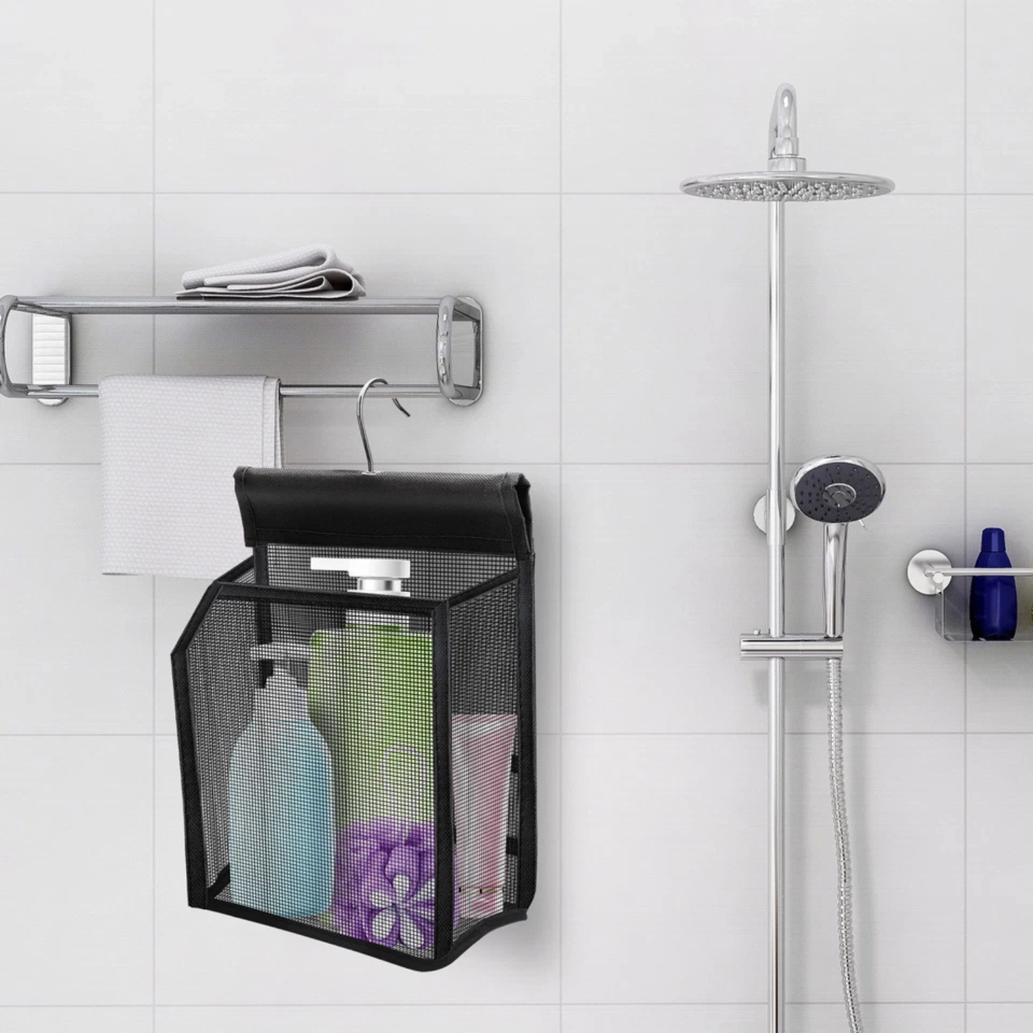 SS Design Hanging Mesh Shower Caddy Organizer Bathroom Storage Bag with 2 Removable Hooks