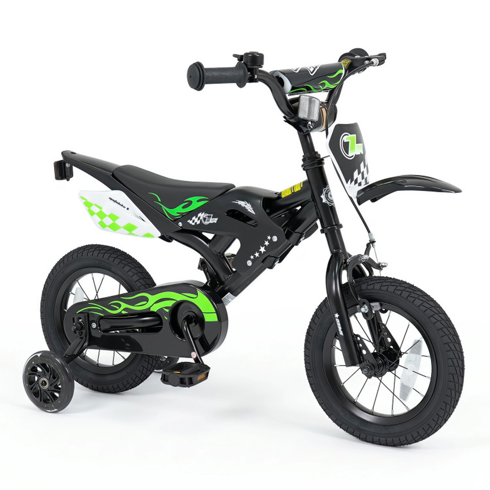 SUGIFT Motorcycle-Inspired 12-Inch Kids Bicycle with Training Wheels 143-lb Capacity Ages 3-4 Years 36-in Frame Black