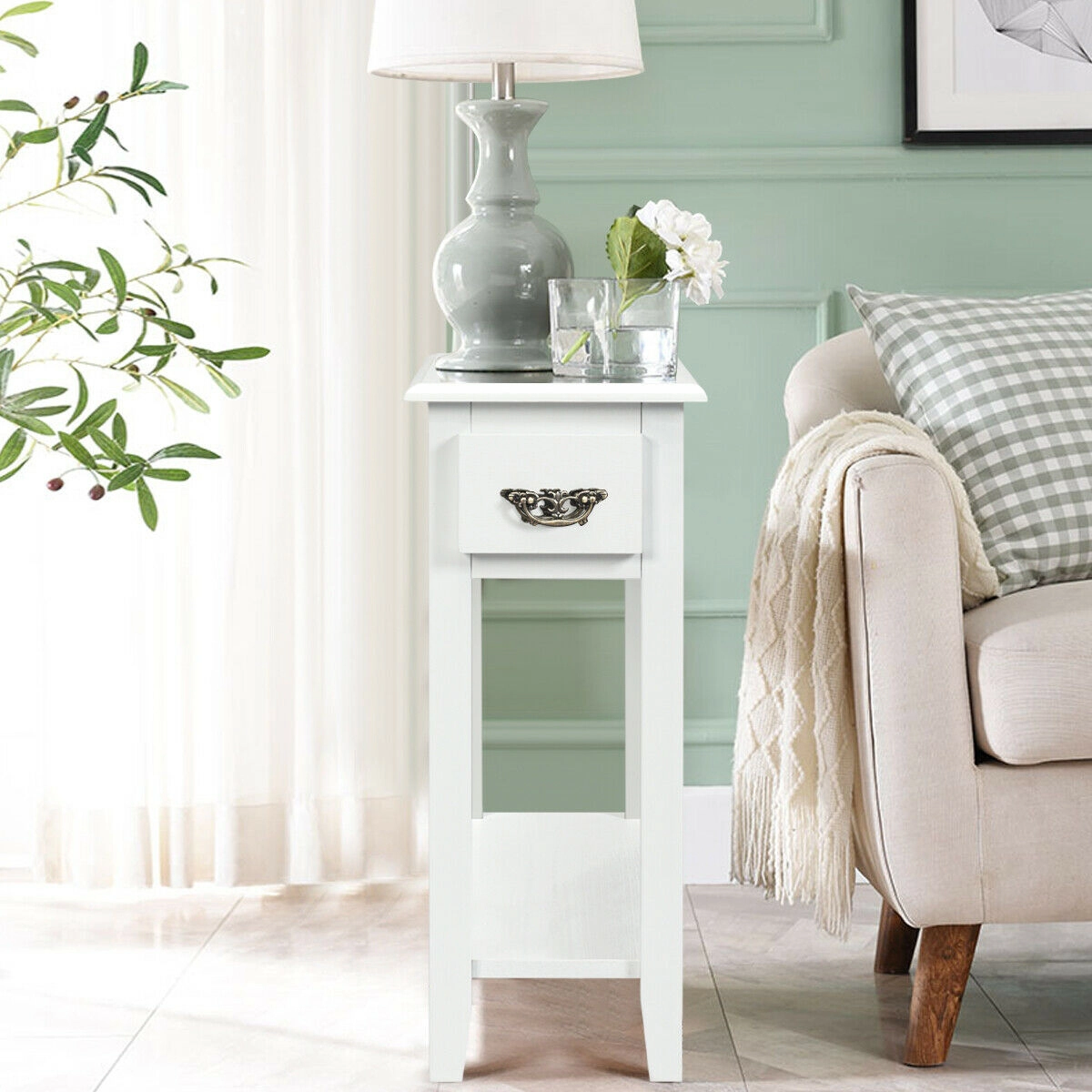 Slickblue Compact Slim Side Table with Storage Drawer White Bedroom Living Room