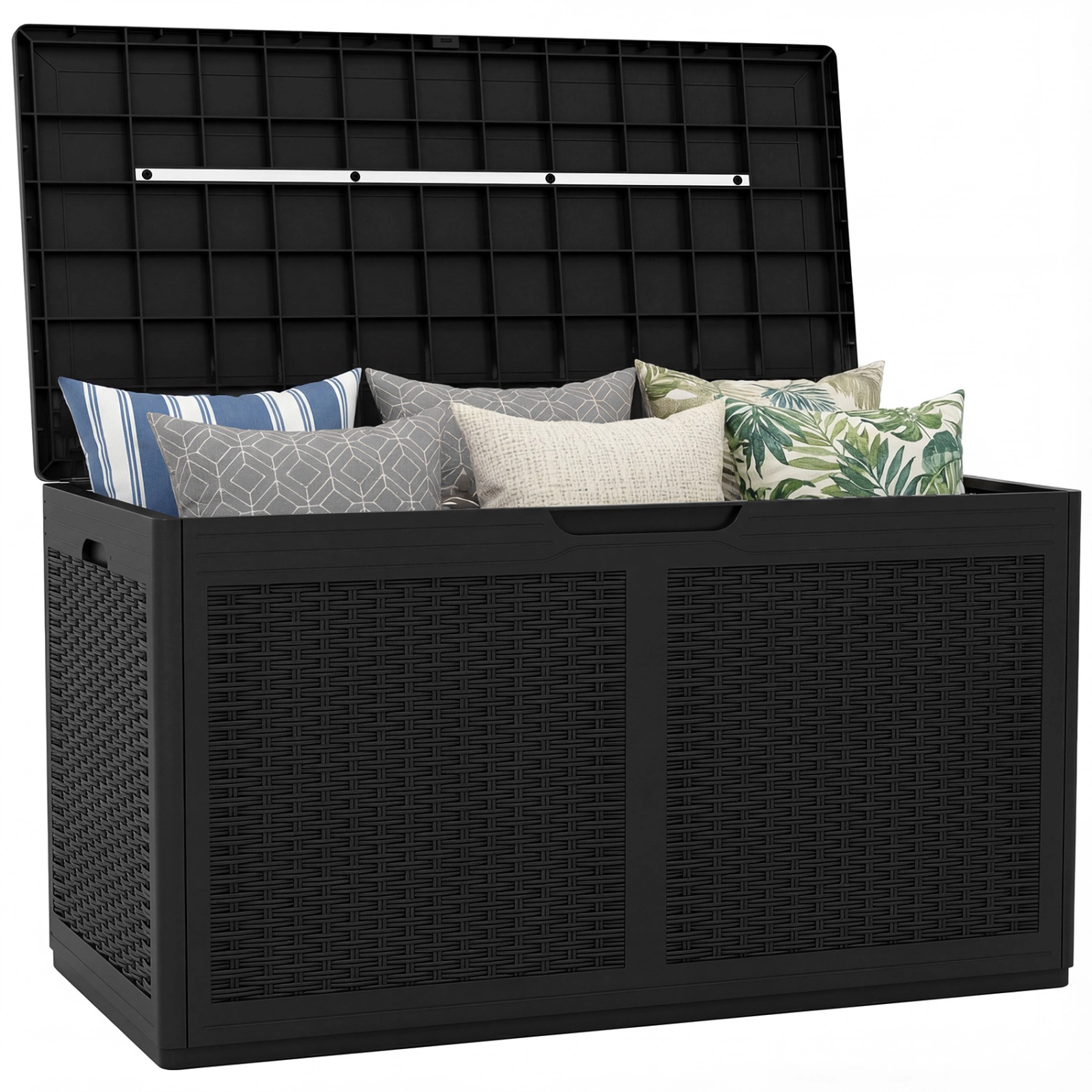 SUGIFT 100-Gallon Resin Deck Storage Box Waterproof Outdoor Bench 440-lb Lid Capacity 24-in Tall Black