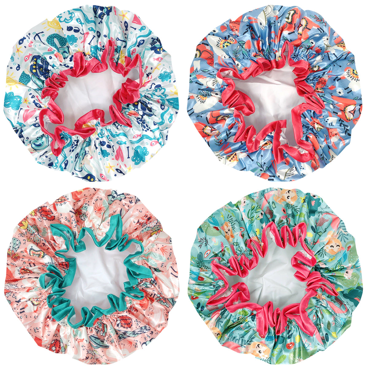 Wrapables Women's Stylish Double Layer Waterproof Shower Caps (Set of 4), Llamas & Ocean Fun
