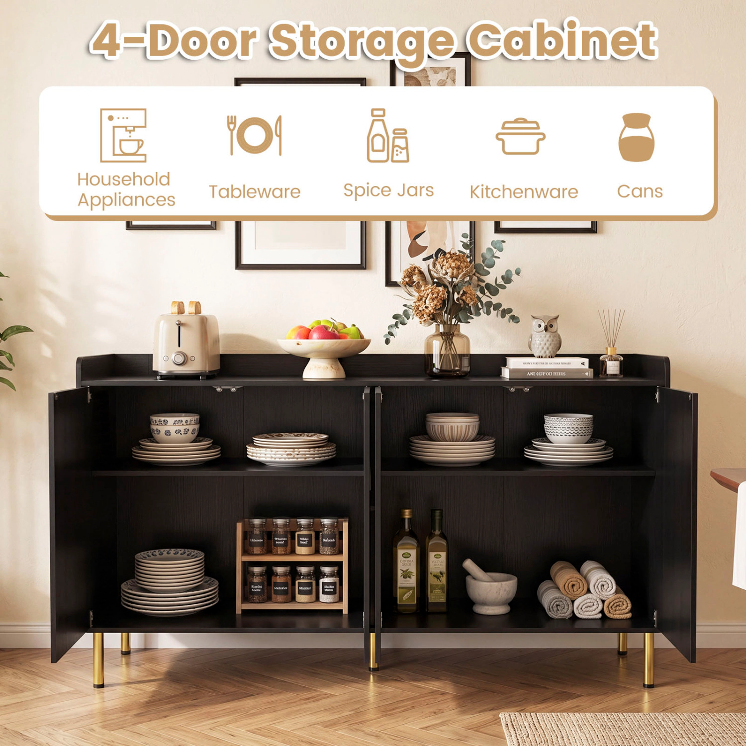 Glintex 55-Inch Credenza with 4 Vertical-Stripe Doors and 5 Metal Legs, Black