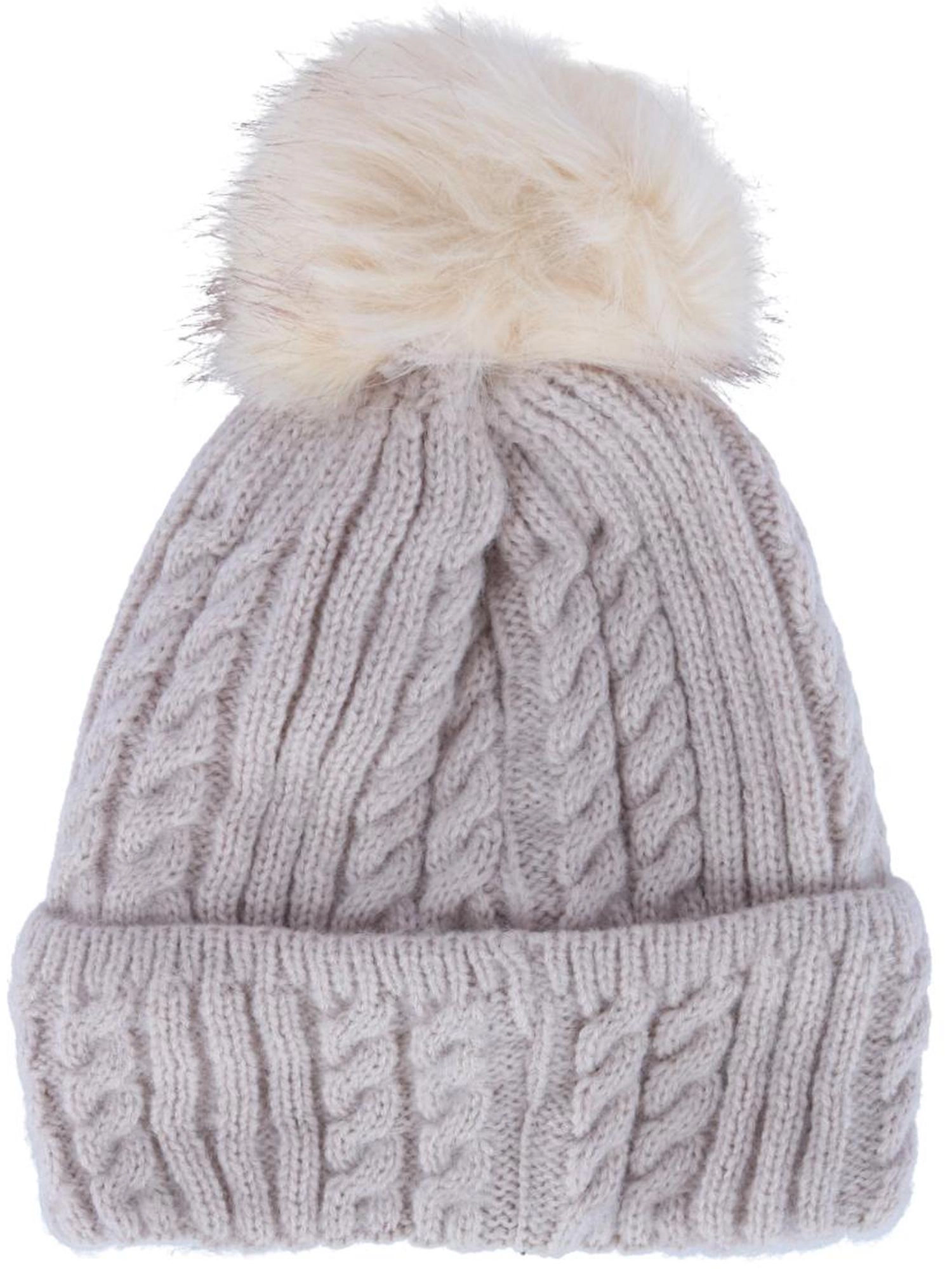 CTM Women's Knit Winter Beanie with Cuff and Synthetic Fur Pom