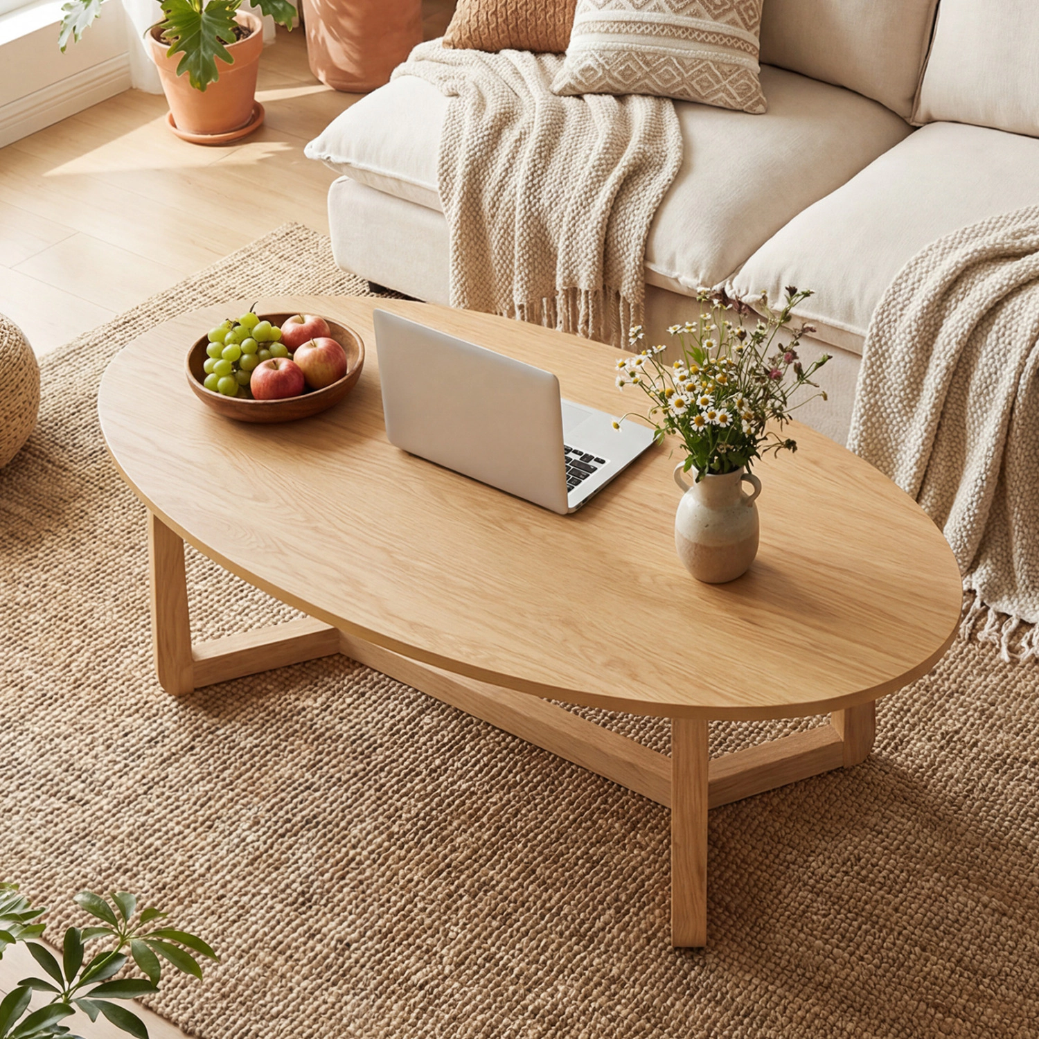 LJG Oval Coffee Table 46 Inches Wooden Accent Table with Thickened Top