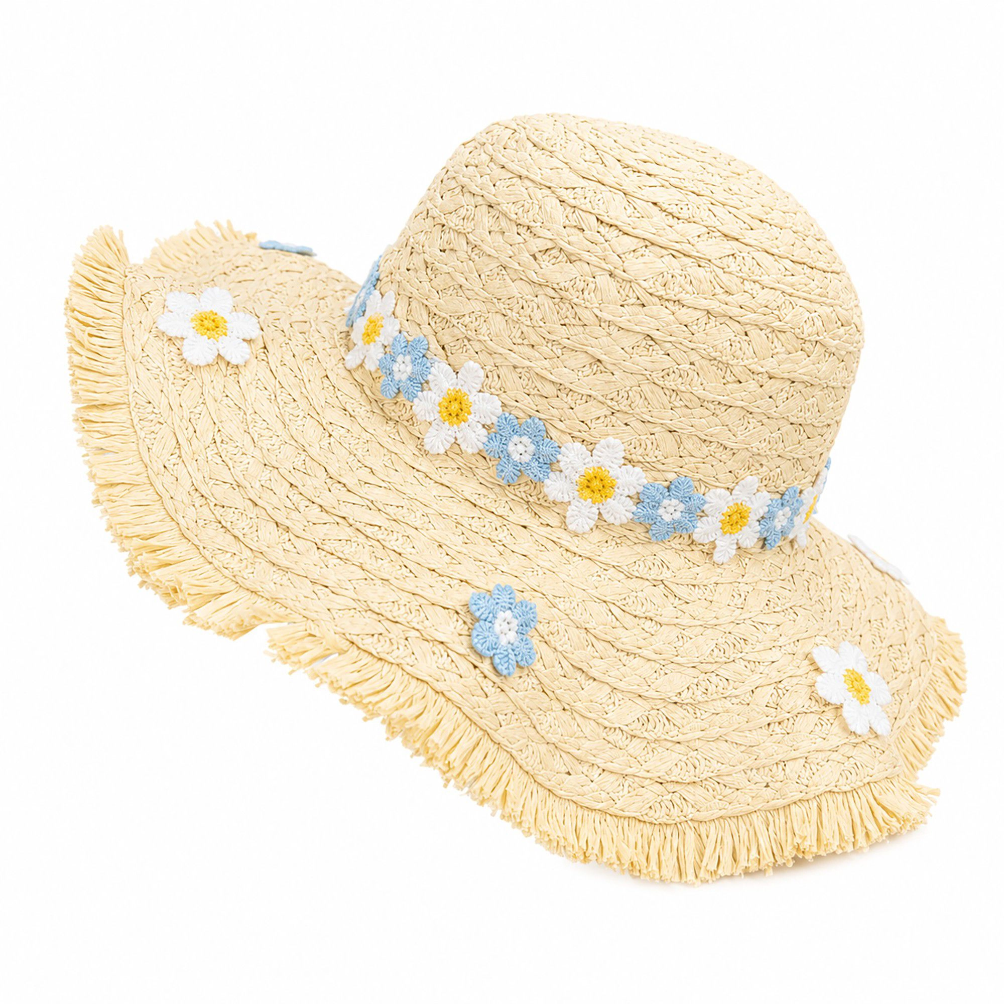 Anna-Kaci Women's Braided Straw Sun Hat with Floral Applique Trim and Fringe Brim Design