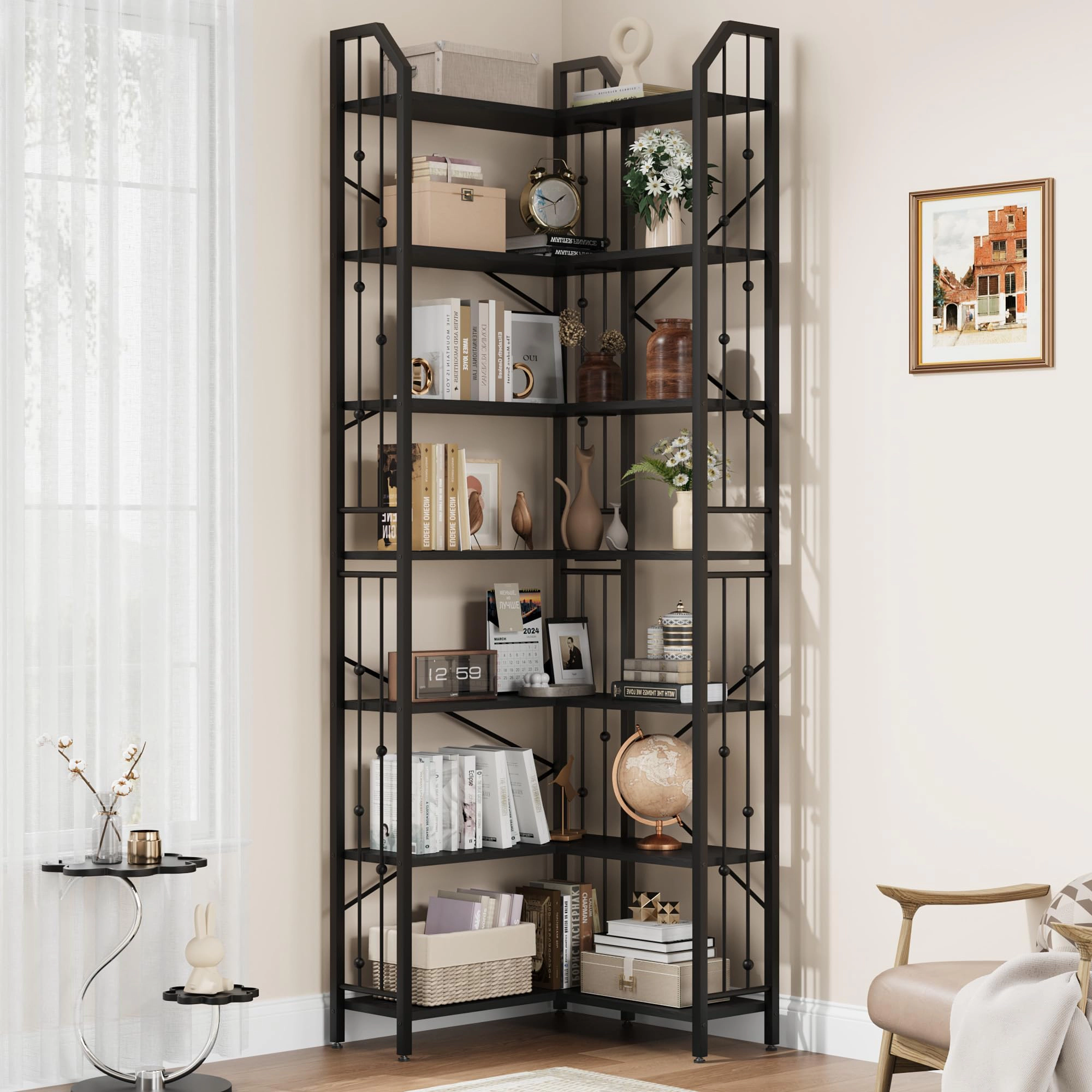 BebreezChic l-Shaped Corner Bookshelf, 5-Tier Tall Bookcase, Industrial Storage Display Shelves for Living Room