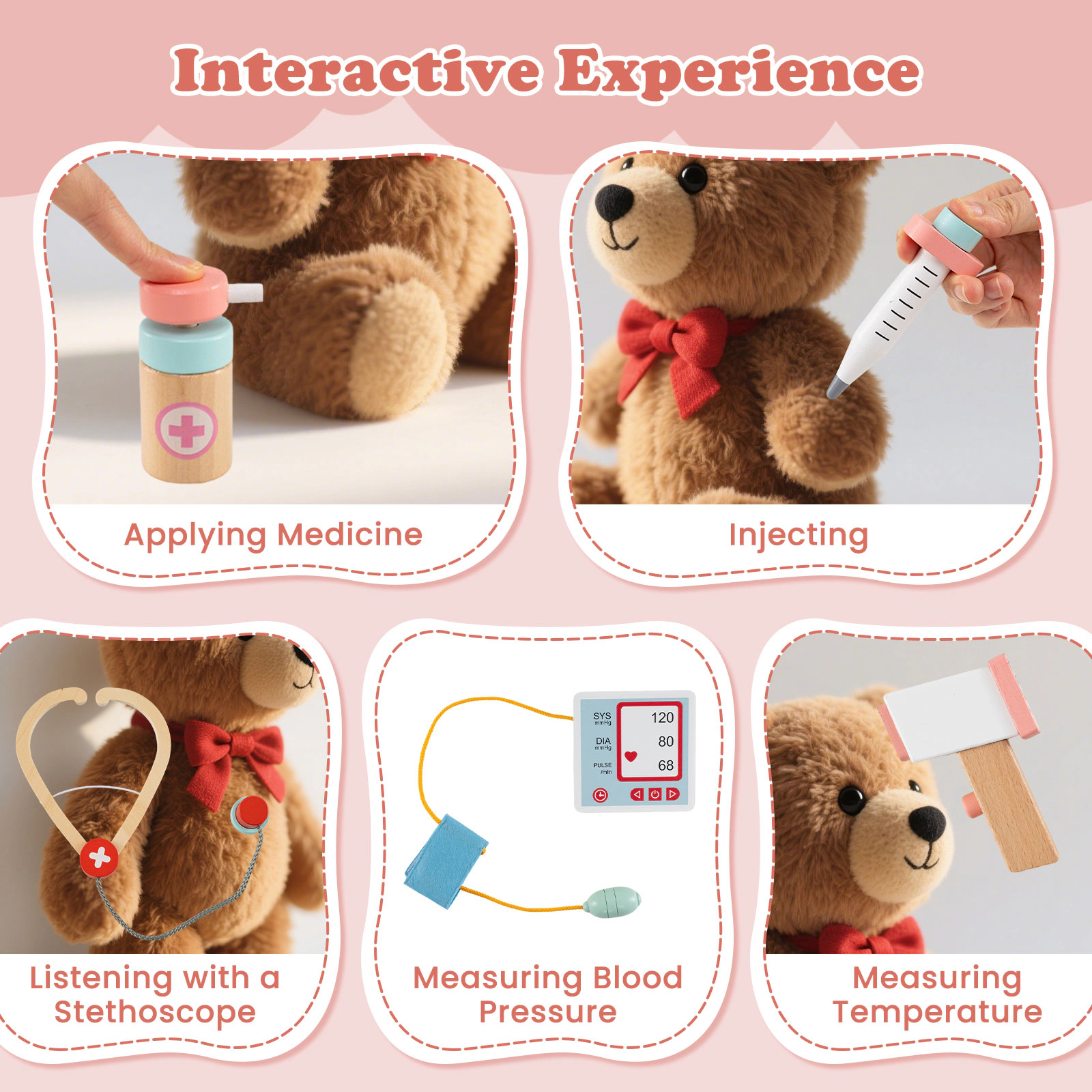 Wooden Doctor Playset Stethoscope 24-pc Medical Accessories 38-in Kids Doctors Play Set with Patient Seat Ages 3+ Pink