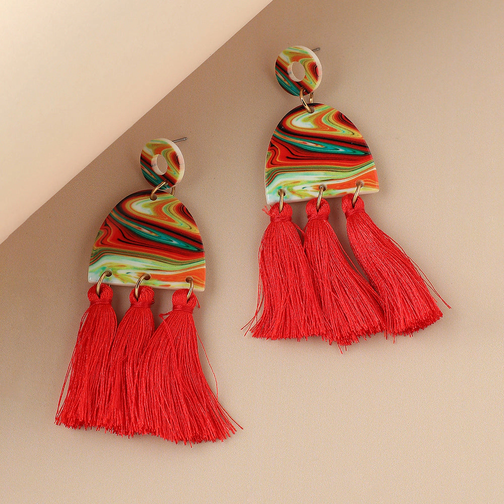SOHI Women's Gold-Toned Red Tassel Drop Earrings