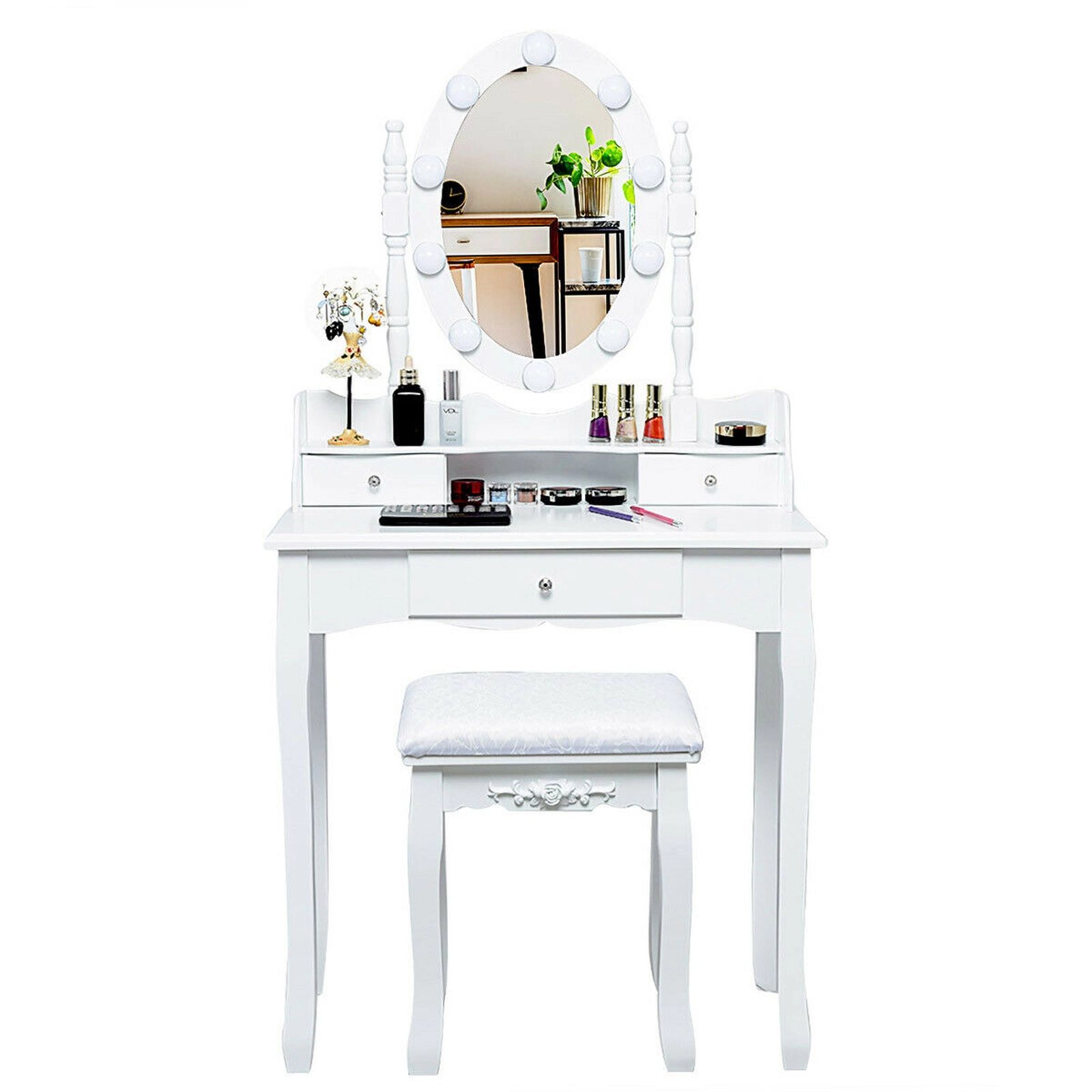 SUGIFT Oval Mirror Vanity Set with 10 Dimmable LED Bulbs Memory Function and 3 Crystal Handle Drawers