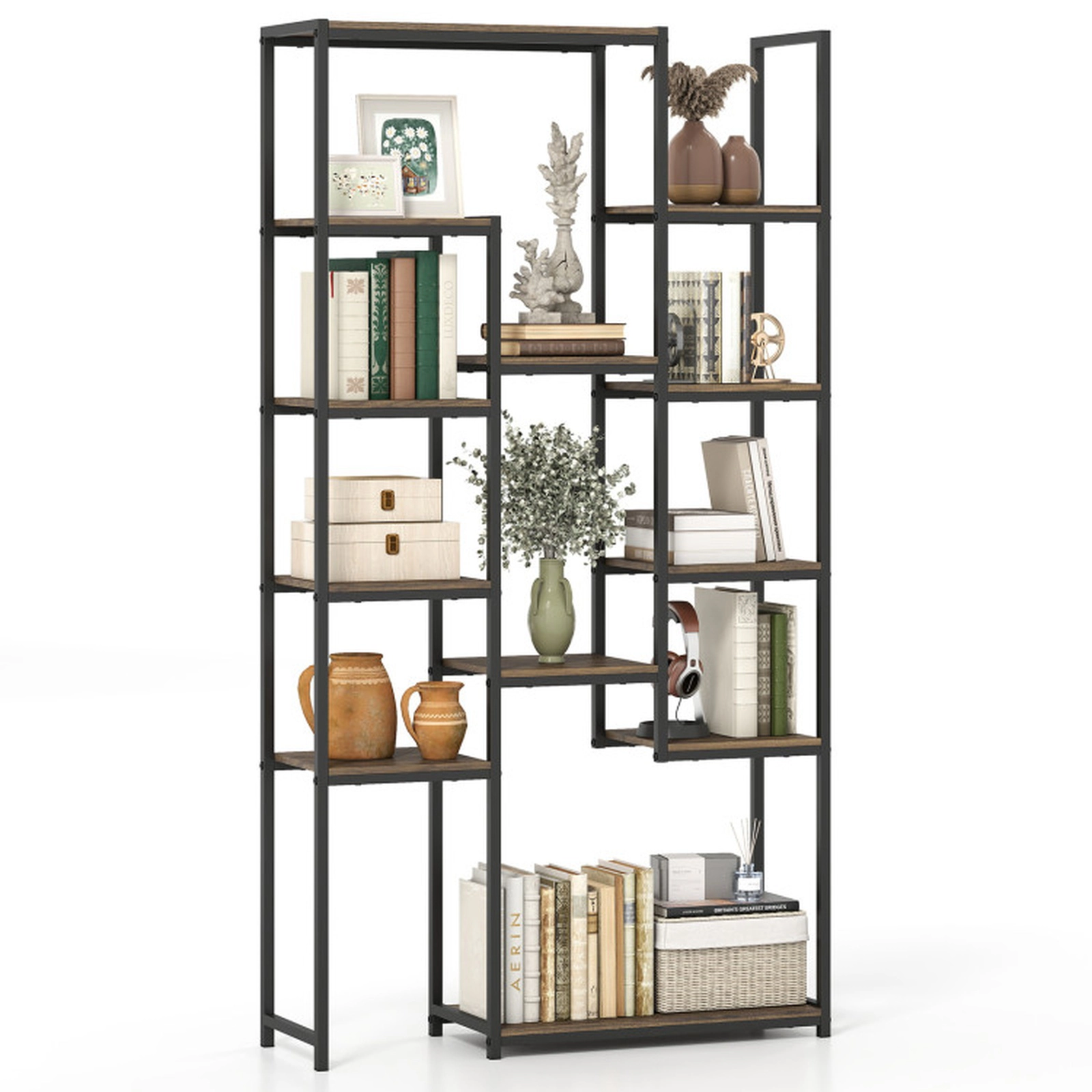 SUGIFT 400-lb Capacity Walnut 71-in Tall Geometric Bookshelf with 12 Open Shelves Vintage Plant Stand