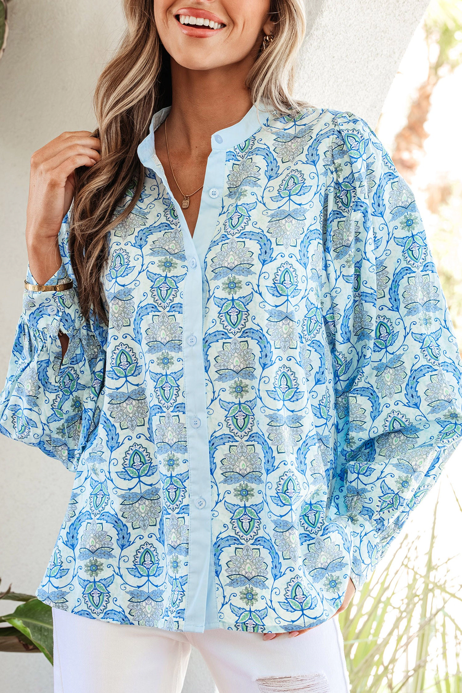 Threaded Pear Womens Micah Puff Sleeve Loose Shirt - Paisley Print, Sky Blue