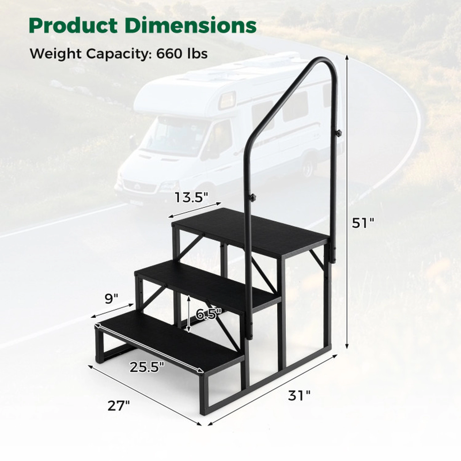 SUGIFT 3-Step Anti-Slip Platform Handrail Metal Hot Tub Stairs 31-in x 27-in x 51-in 660-lb Capacity Black