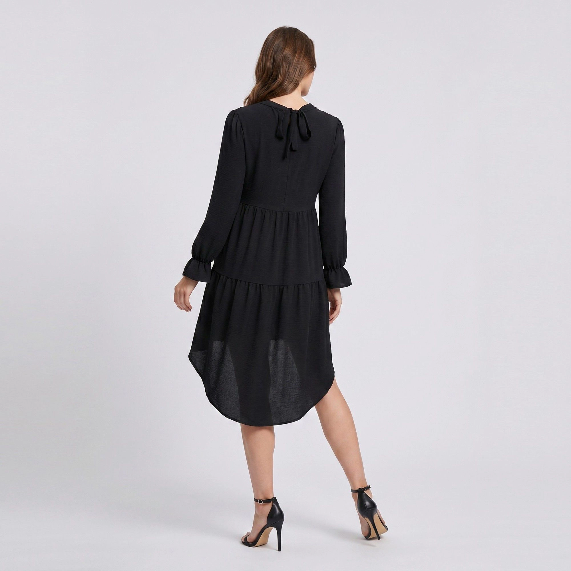 Anna-Kaci Women's Maternity V Neck High Low Long Sleeve Tiered Hem Mini Dress