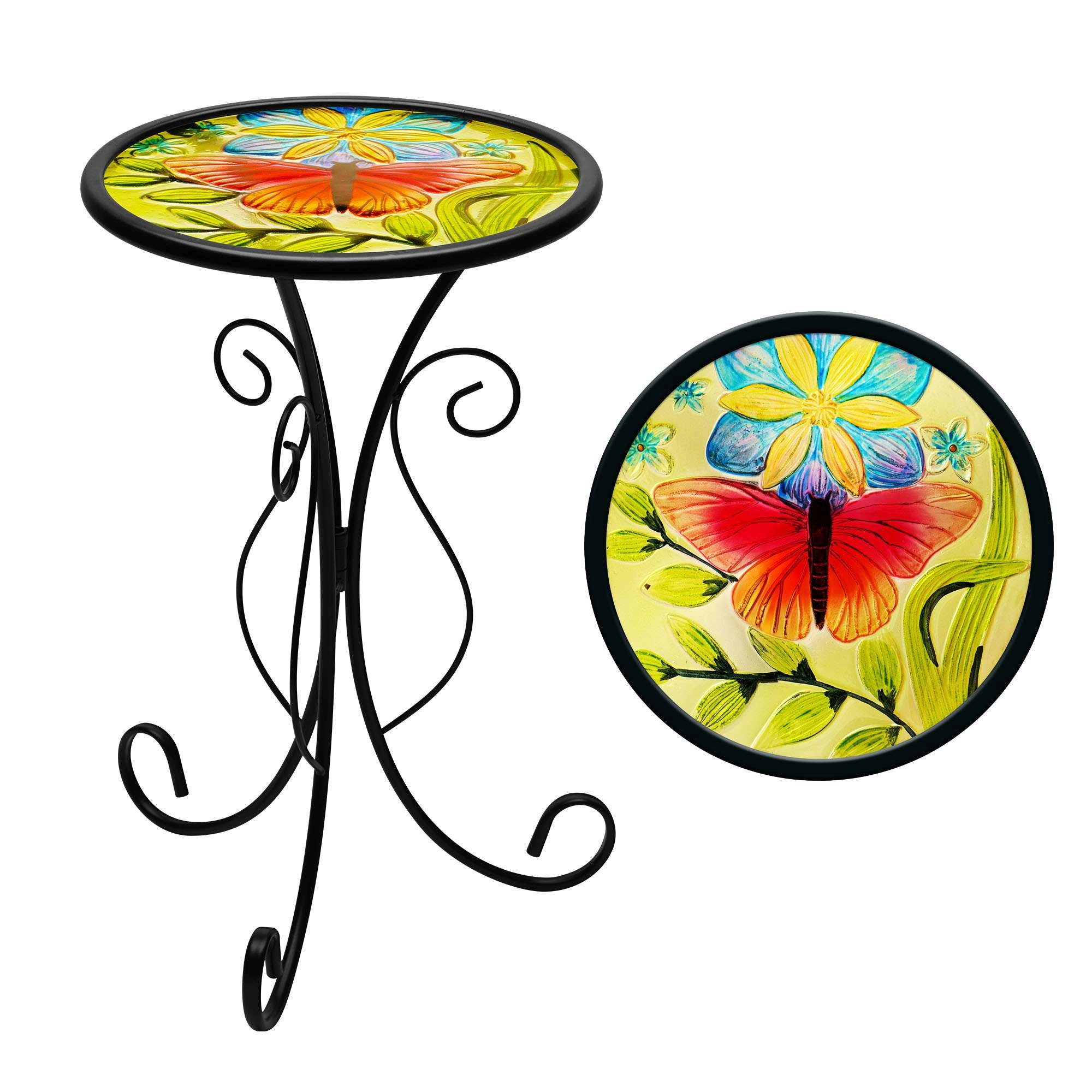 G128 12 in Round Glass Outdoor Side Table Butterfly Pattern, Foldable Metal Patio Table