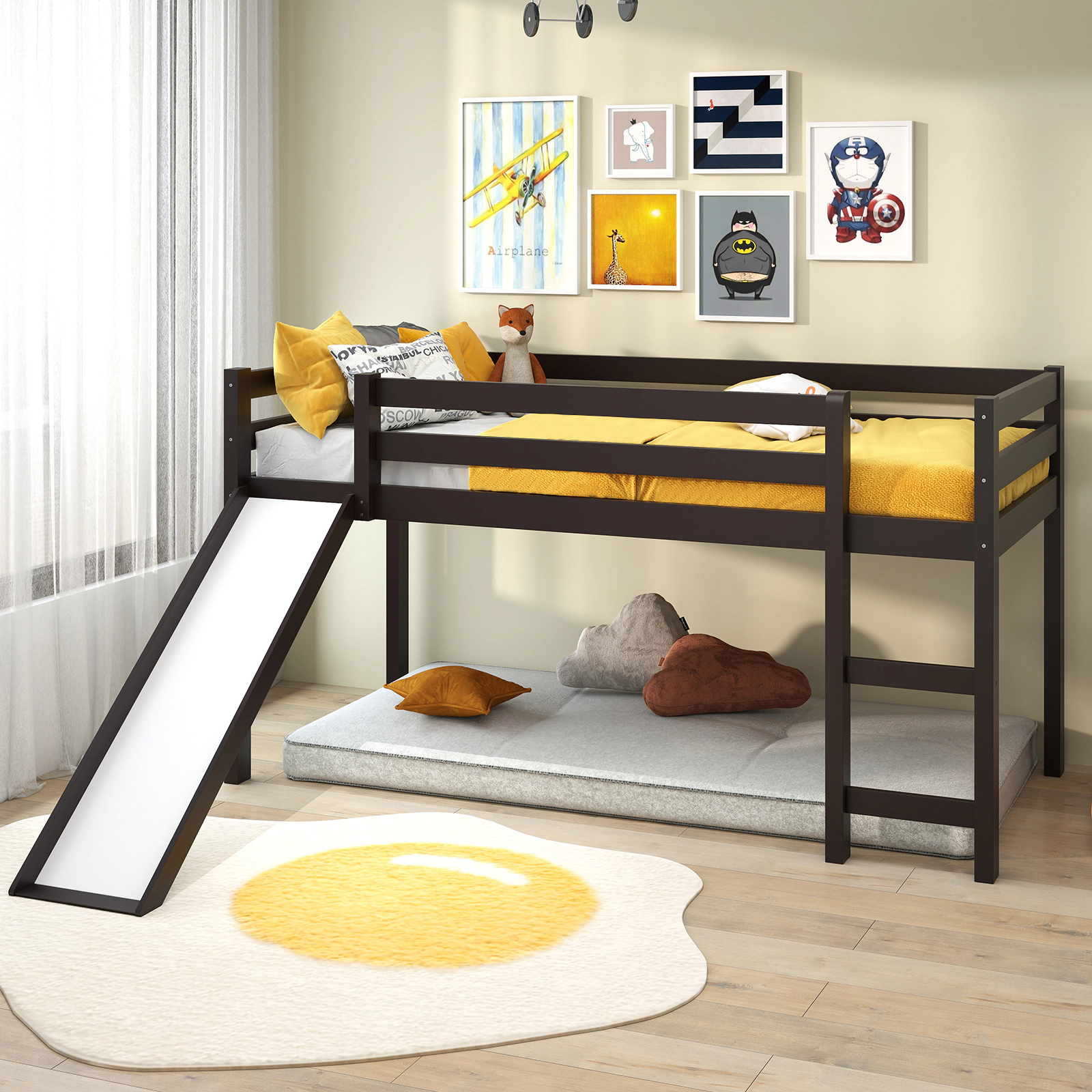 SUGIFT Slide and Ladder Pine Wood Twin Low Kids Loft Bed
