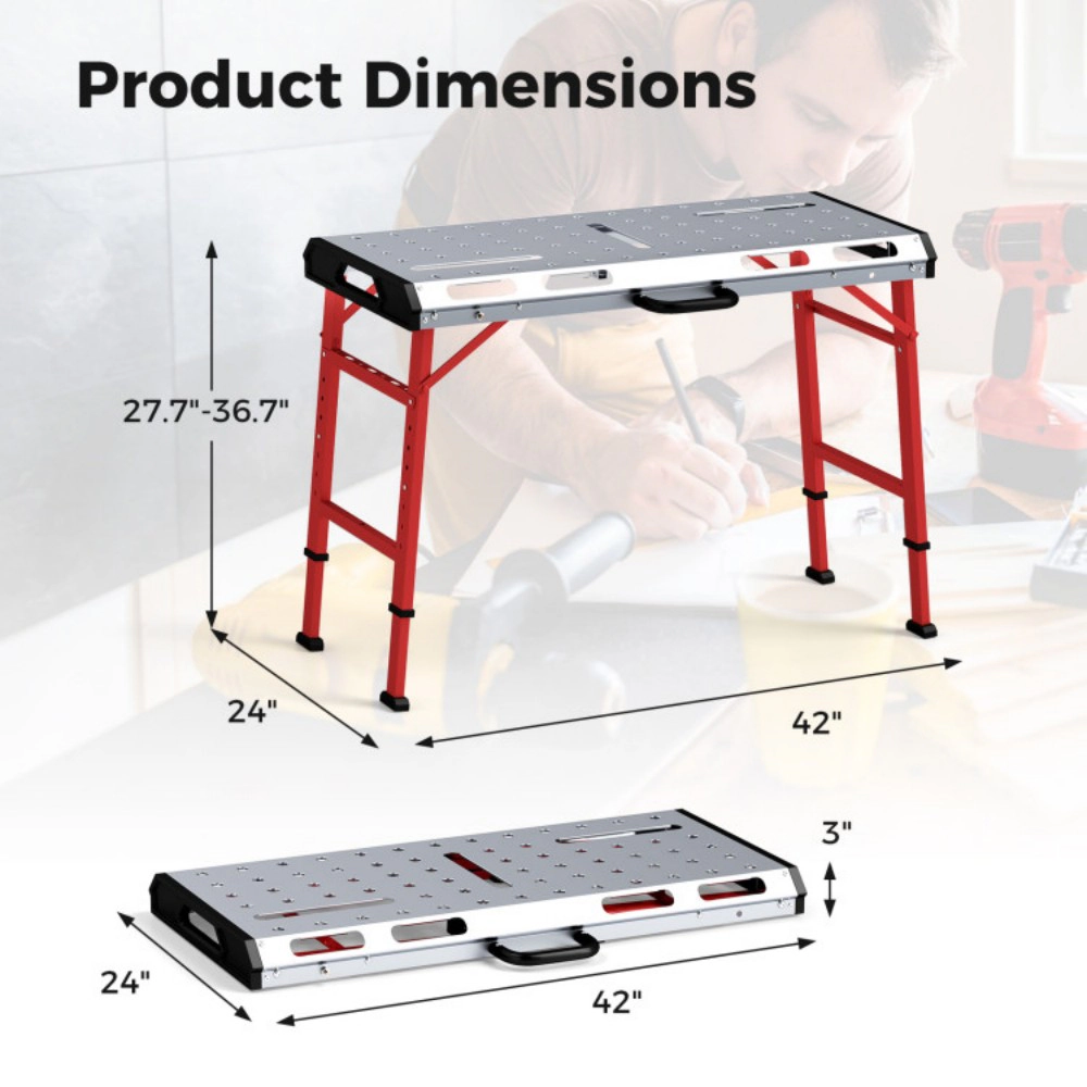 SUGIFT 7-Level Adjustable Galvanized Top 2 Bar Clamps Folding Welding Table 42-in x 21-in 1000-lb Capacity Silver