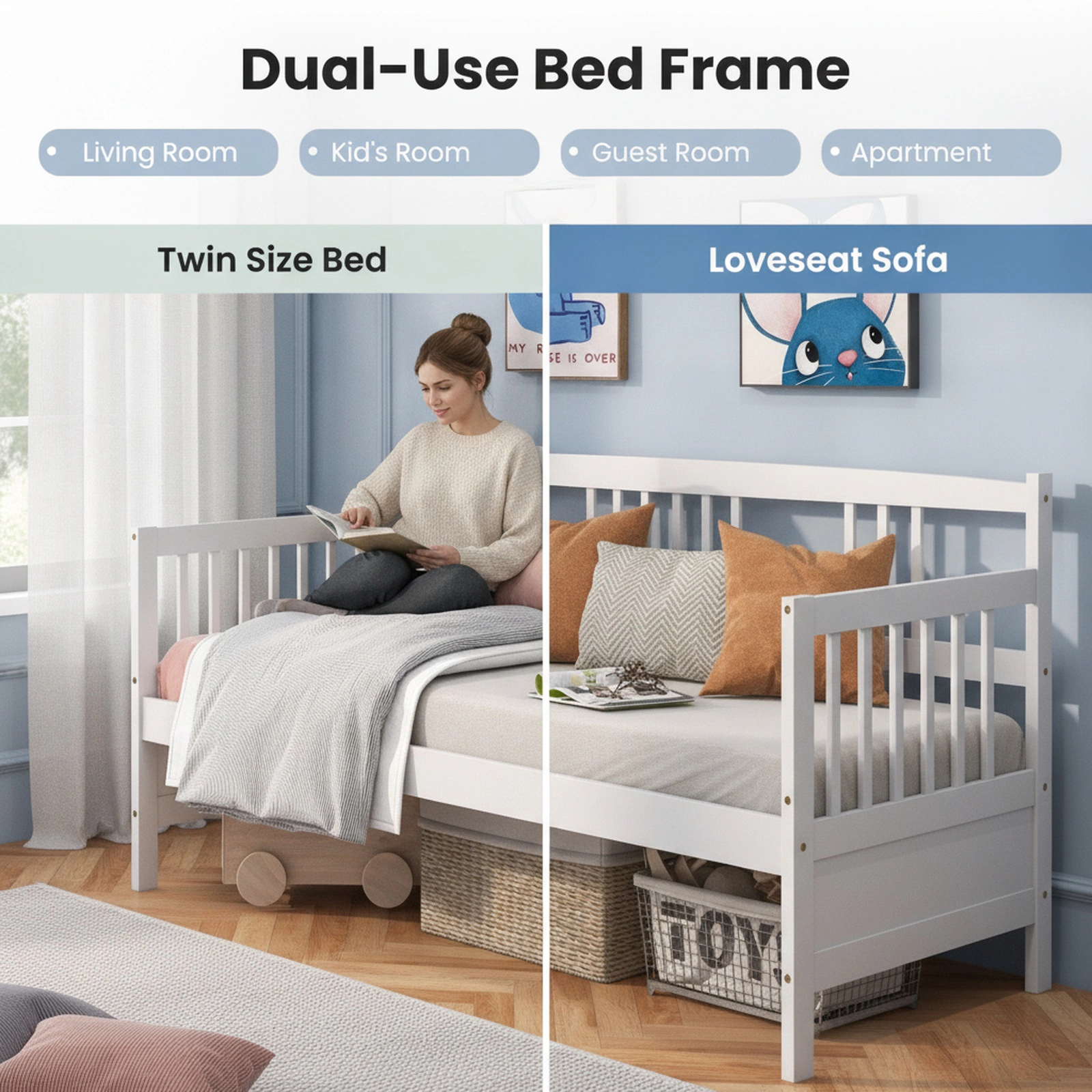 SUGIFT Twin Wooden Daybed Frame, White, 3 Rails, 10 Slats, No Box Spring Required