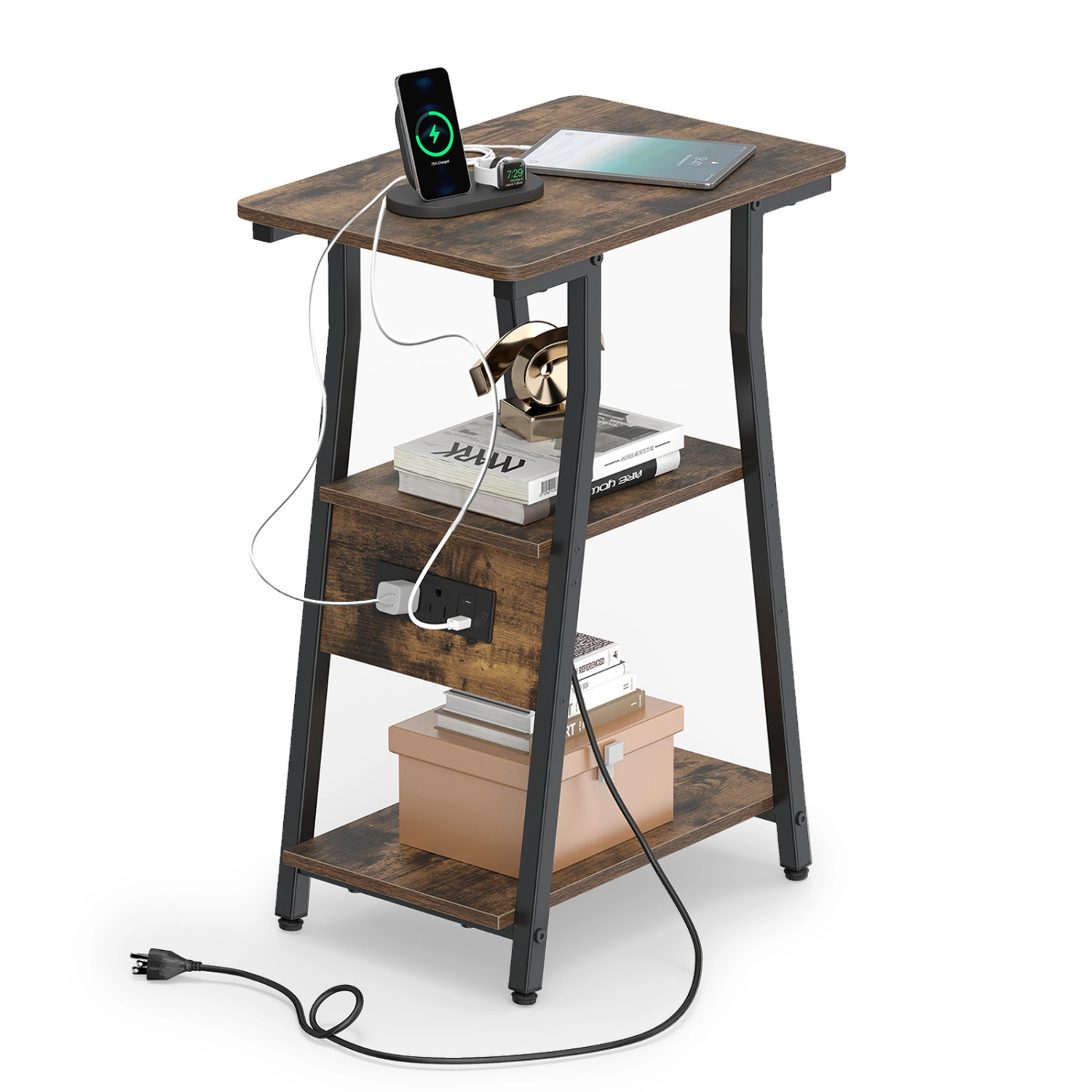 LJG Set of Industrial Side Tables with Charging Station & 3-Tier Shelves for Small Space