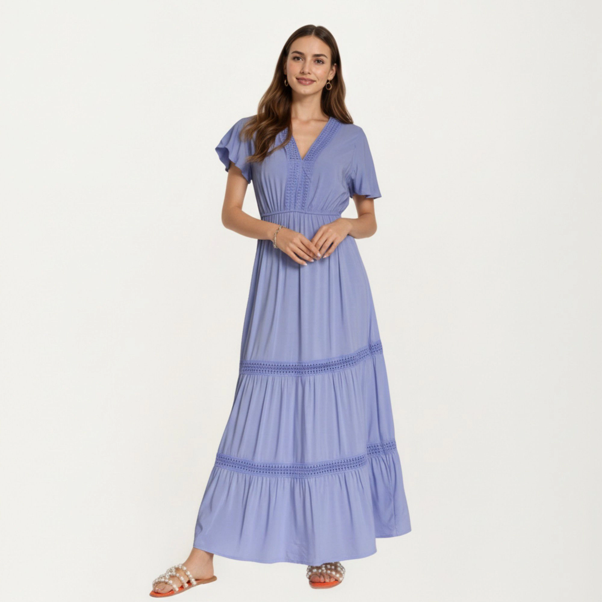 Anna-Kaci Women's Short Sleeve V Neck Tiered Skirt Detail Relaxed Fit Flowy Silhouette Maxi Dress