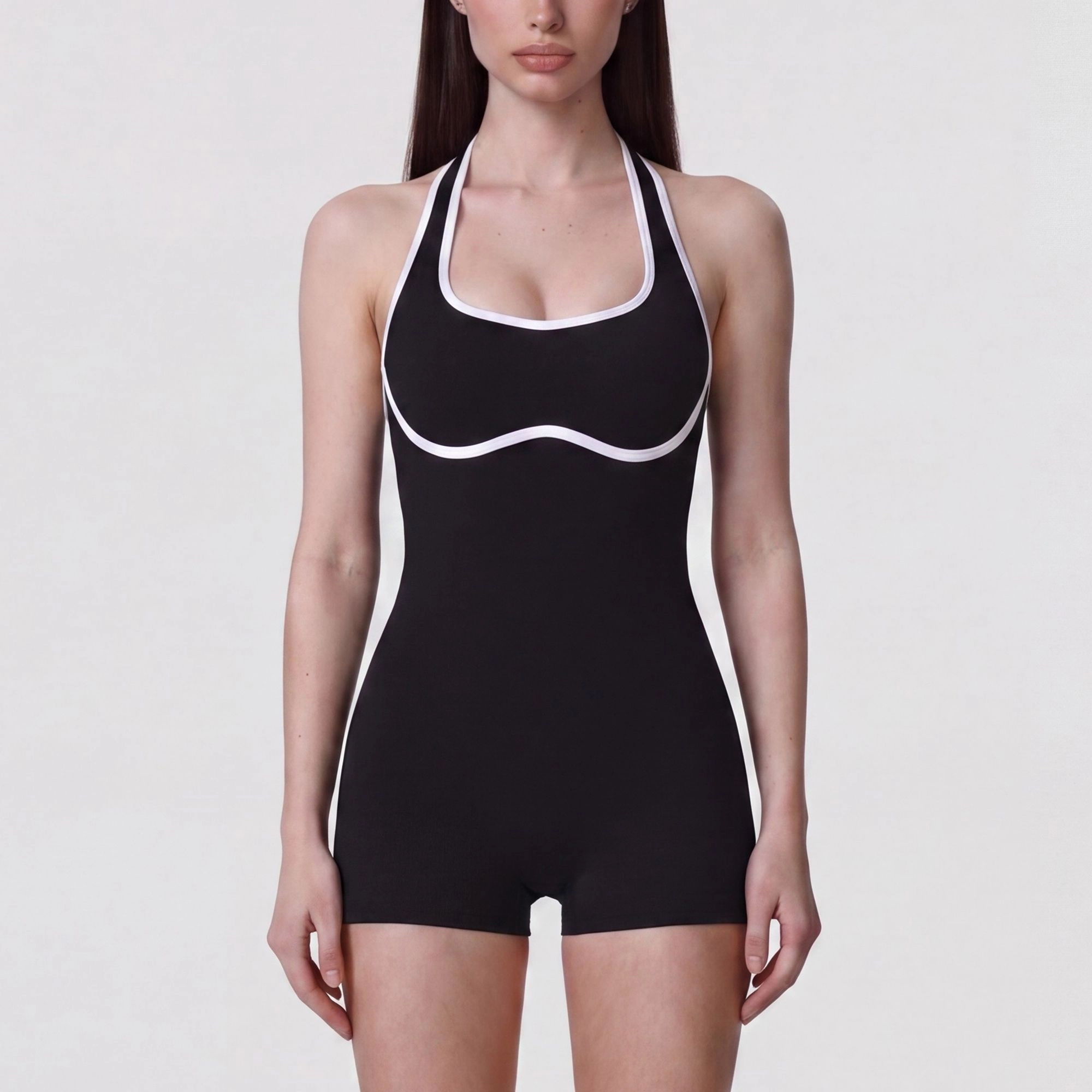 Anna-Kaci Women's Sleeveless Active Romper with Built-In Bra Halter Neck Contrast Trim and Fitted Shorts