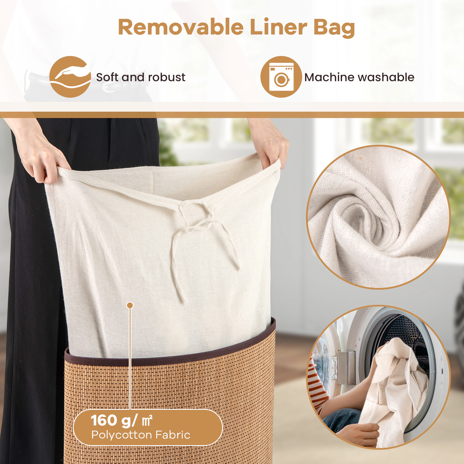 SUGIFT Folding Laundry Hamper Basket with Lid and Removable Liner Bag 58-L Capacity Black/Brown/Natural