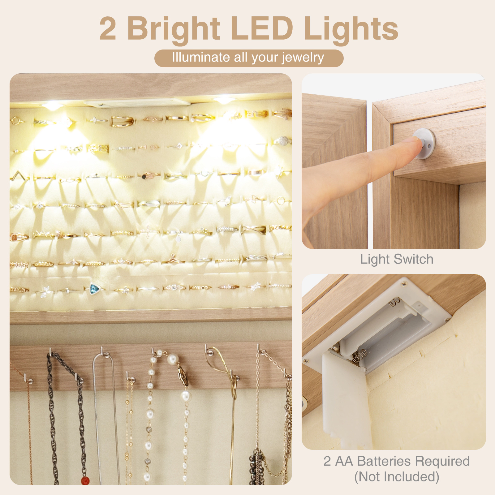 SUGIFT 54.5-in Natural Wall and Door Mounted Jewelry Organizer Cabinet with 36 Hooks and Auto LED Lights