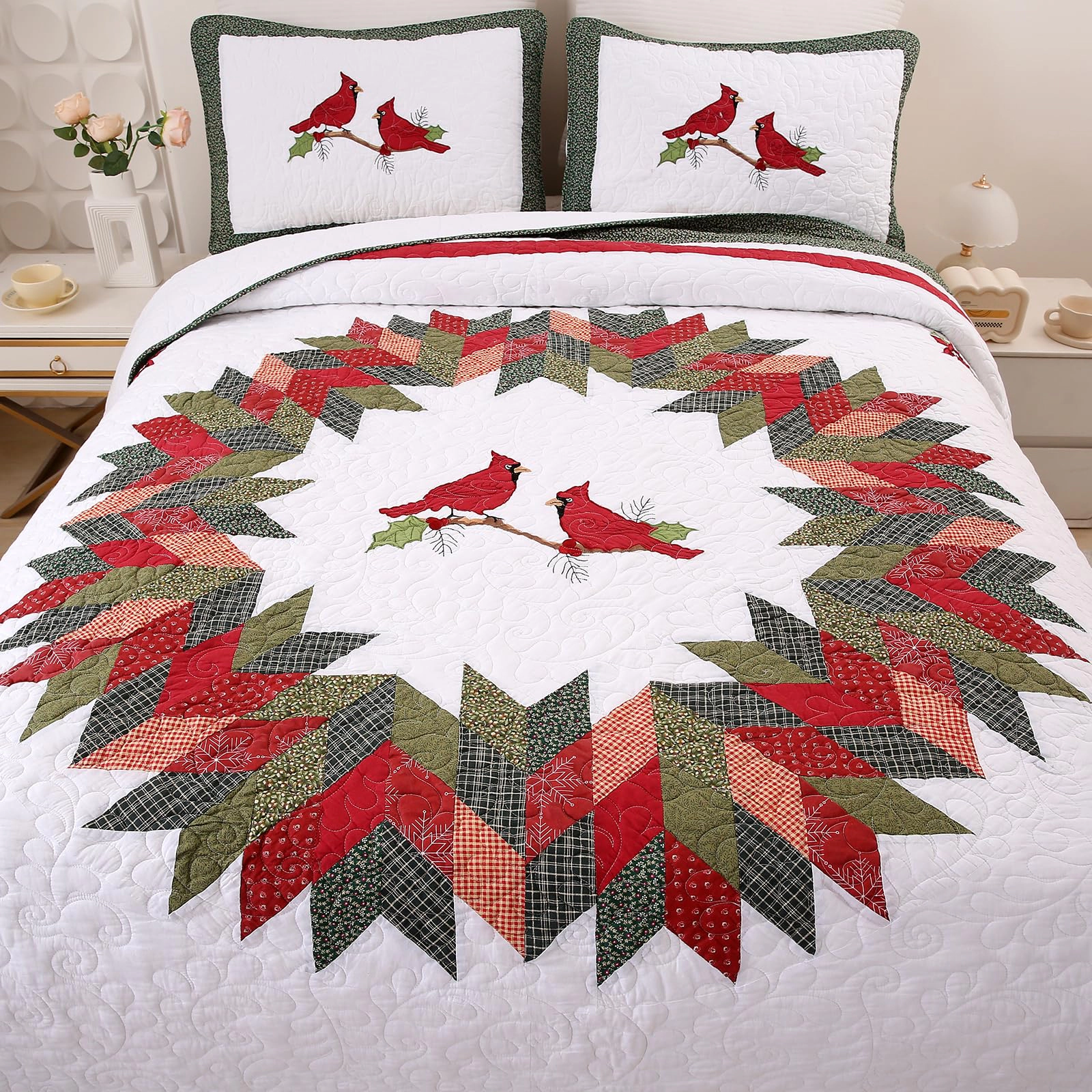 PUPWE Farmhouse Green 2 Piece Embroidered Flquilted Bedspread Quilt Setton Reversible Patchwork Coverlet
