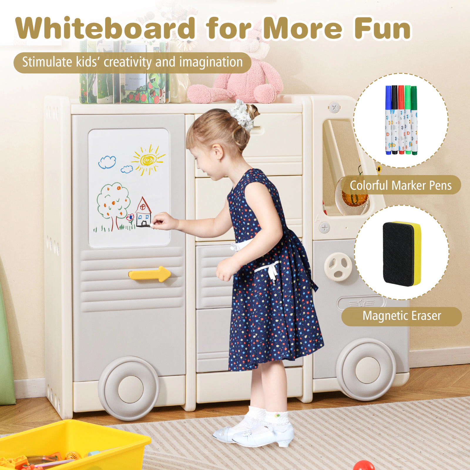 SUGIFT Gray 180-lb Capacity Bus-Shaped Kids Toy Storage Organizer Cabinet with 4 Pull-Out Drawers and Whiteboard