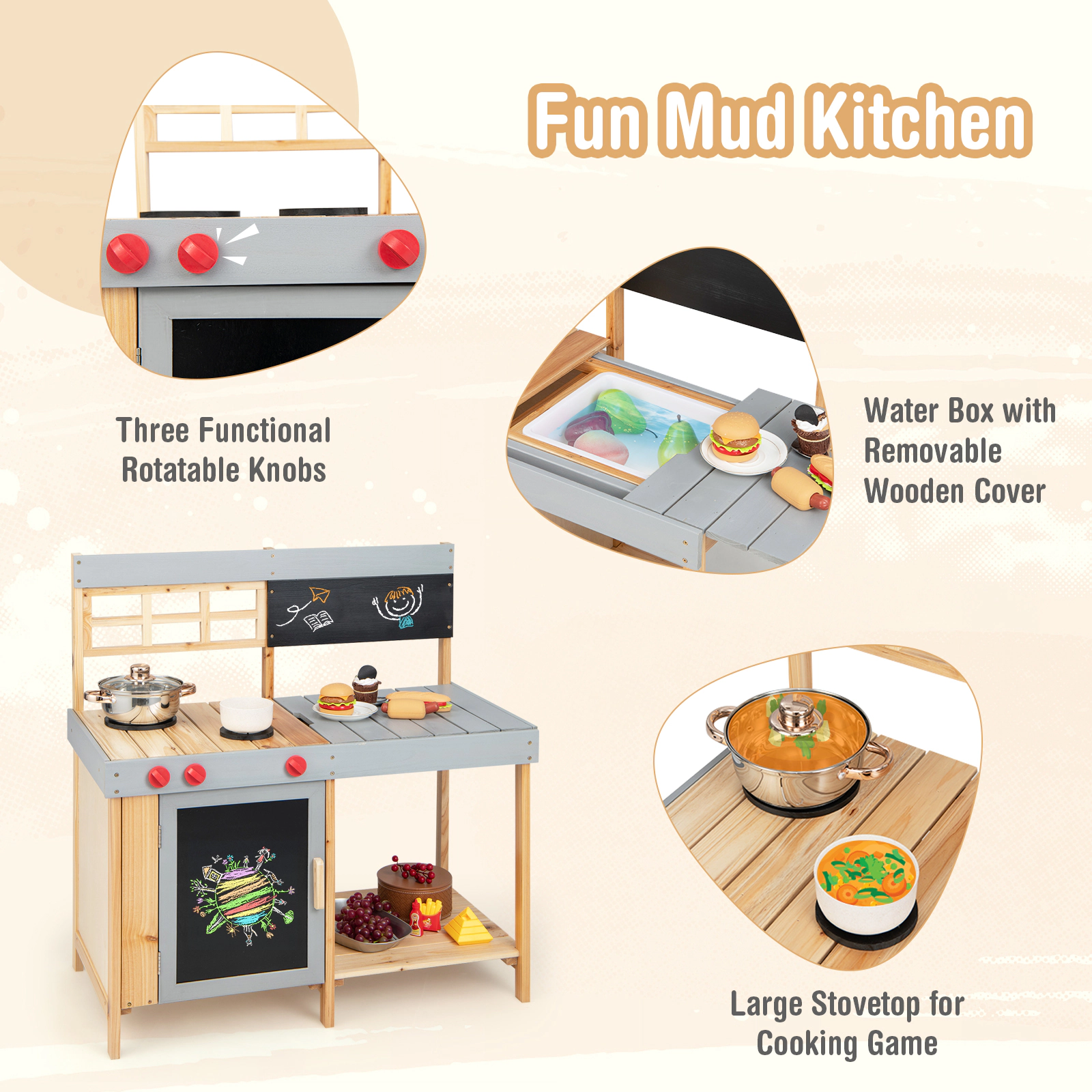 SUGIFT Toddler Natural Mud Kitchen Set with Detachable Water Box and Blackboard 35-in W 35.5-in H Ages 3+