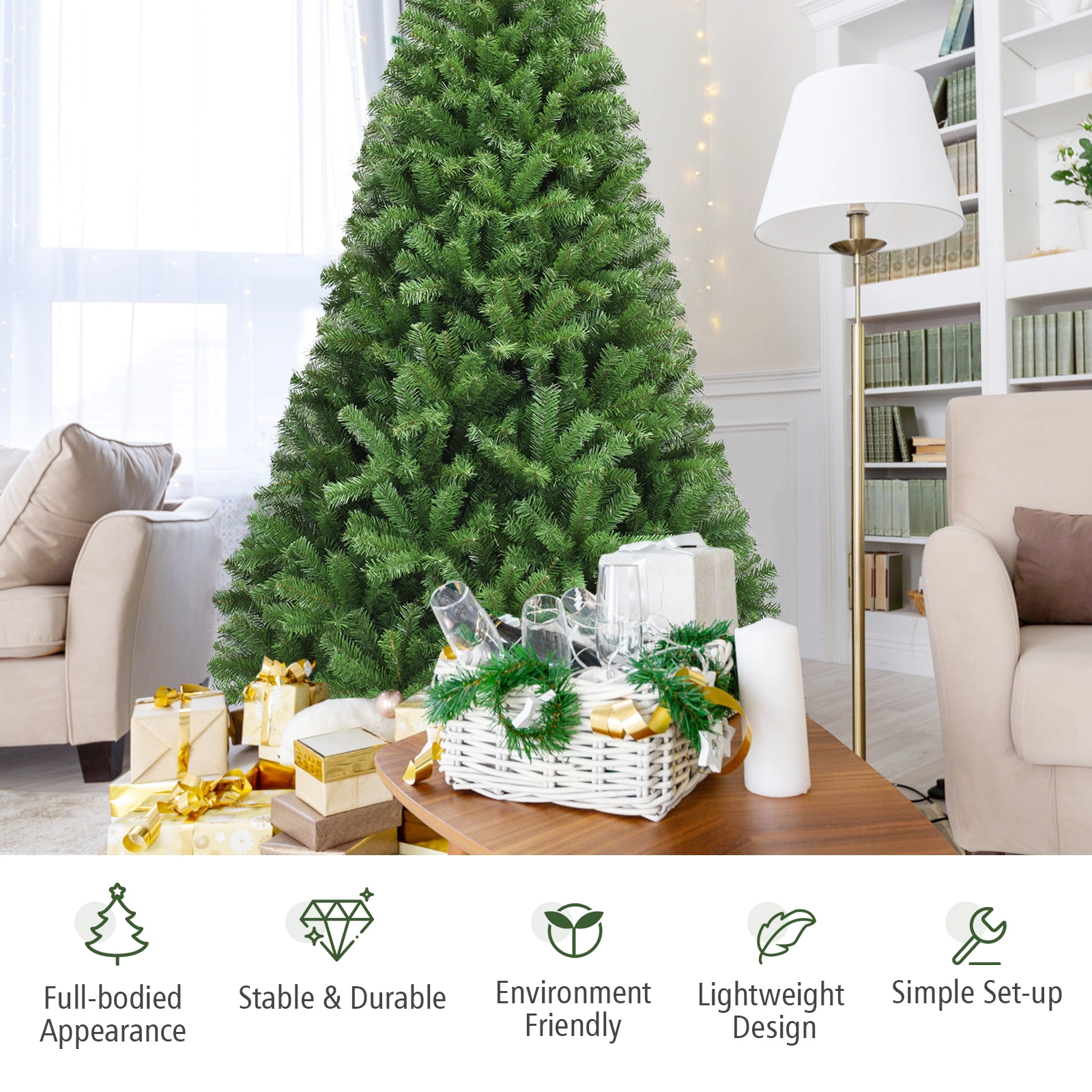 SUGIFT 7.5-ft Unlit Hinged Artificial Christmas Tree with 1346 PVC Branch Tips and Iron Stand 4.3-ft Dia Green