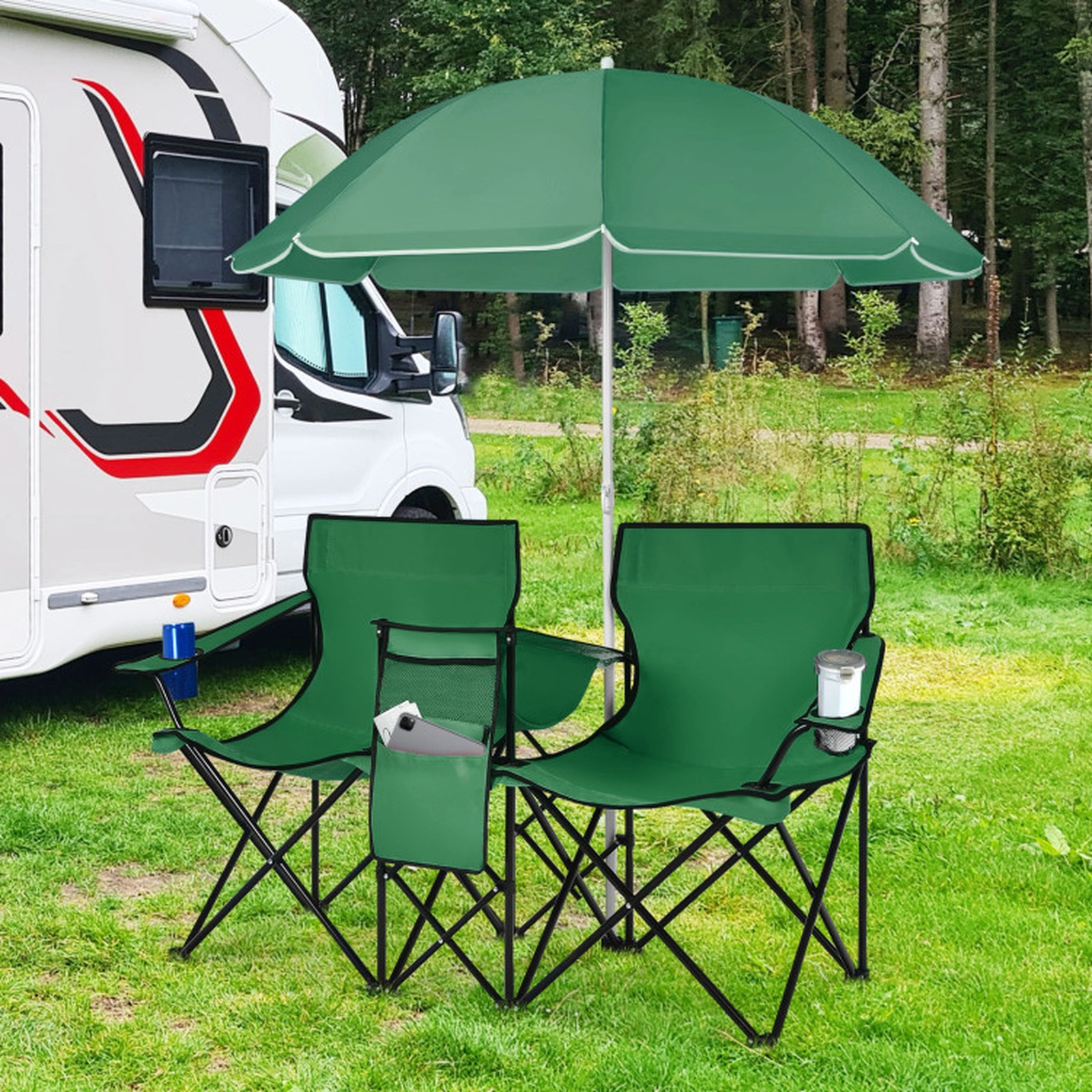 SUGIFT 2-Seat Folding Loveseat with Removable Umbrella and Cooler Bag, 600 lb Capacity