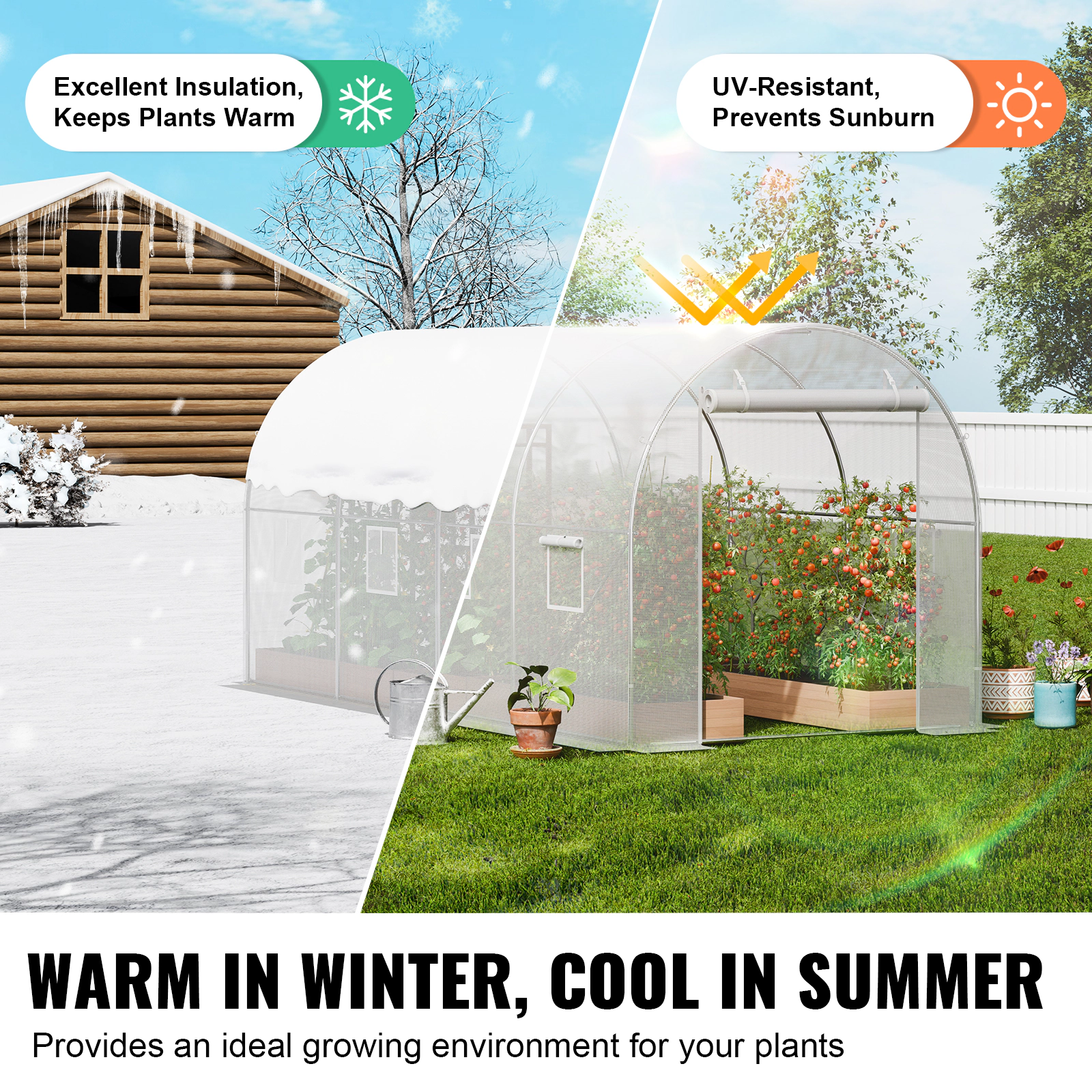 HONGGE Walk-in Tunnel Greenhouse Portable Plant Hot House with Galvanized Steel Hoops 1 Top Beam Diagonal Poles