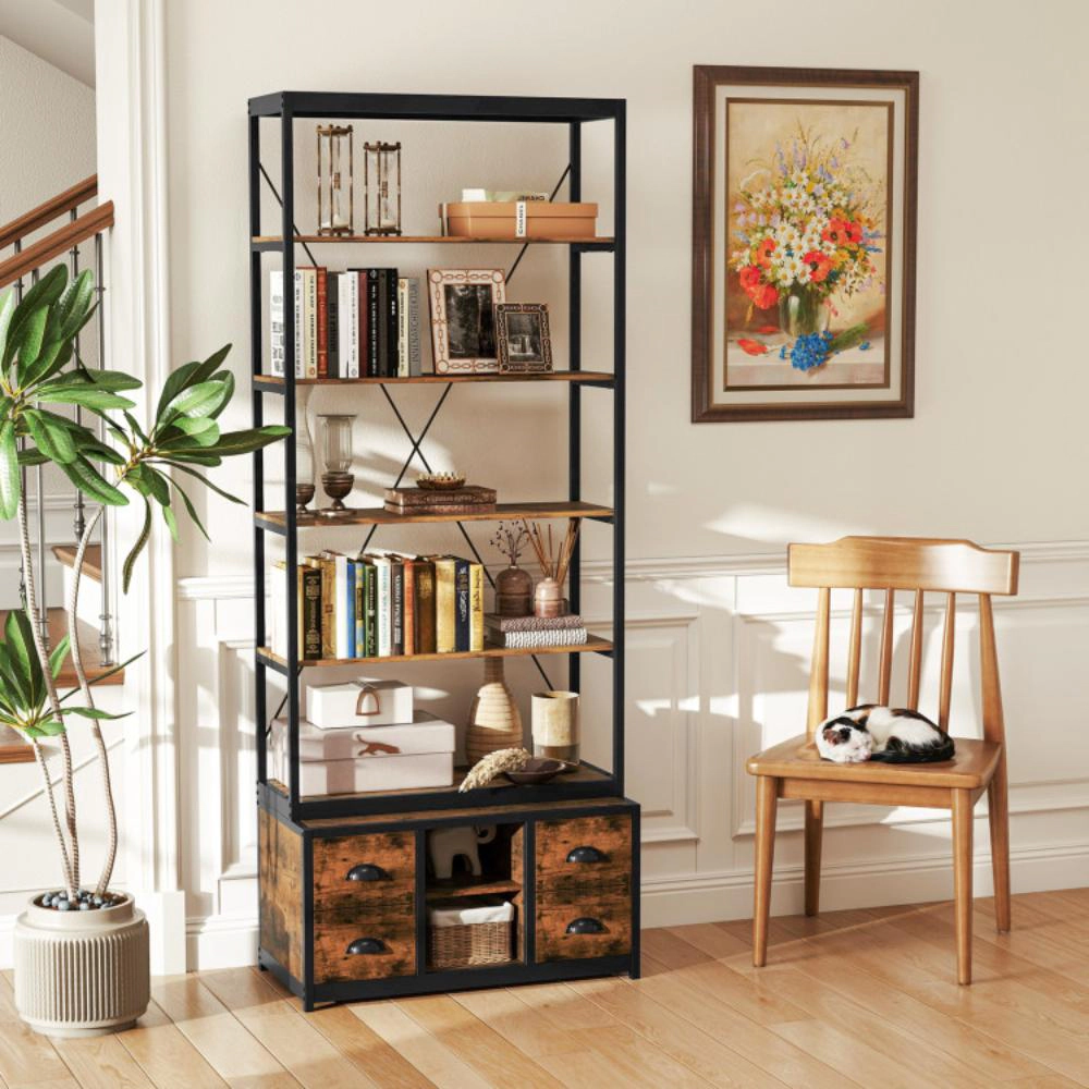 Hivvago 8-tier Bookshelf with 4 Fabric Drawers  and Heavy-duty Metal Frame-Coffee