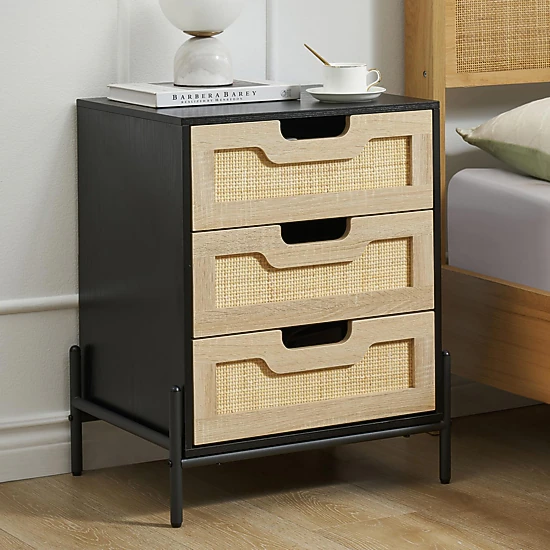 BebreezChic Set of 2, Modern Bedside Table with 3 Natural Wicker Drawers and Shelves for Bedroom and Living Room