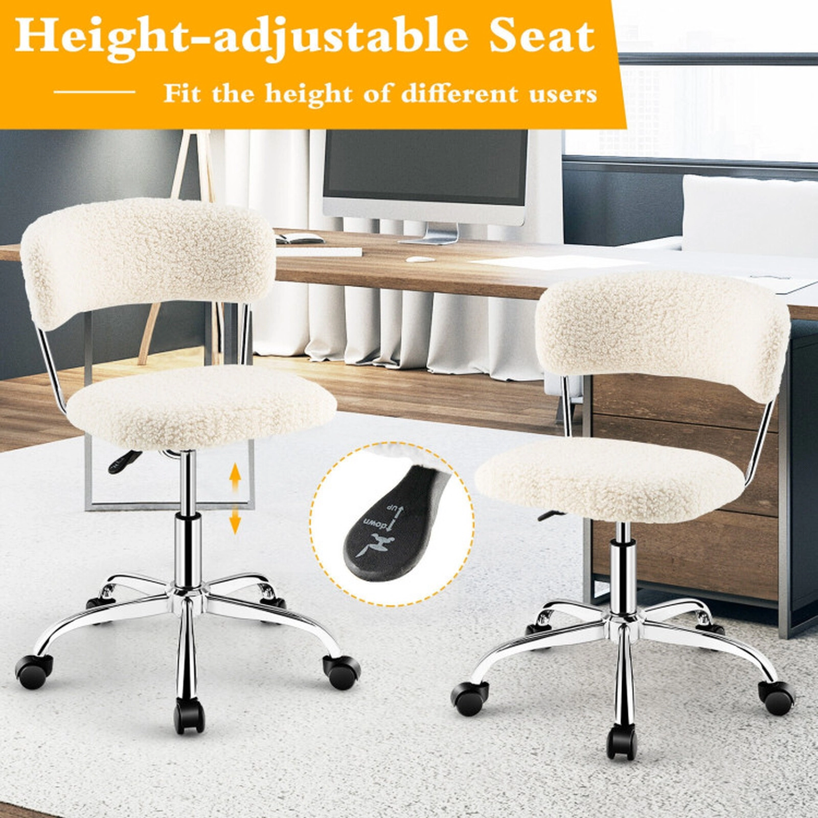 SUGIFT Sherpa Upholstered Armless Swivel Vanity Desk Chair 24-in x 24-in x 28.5-in 330-lb Capacity 5 Casters White