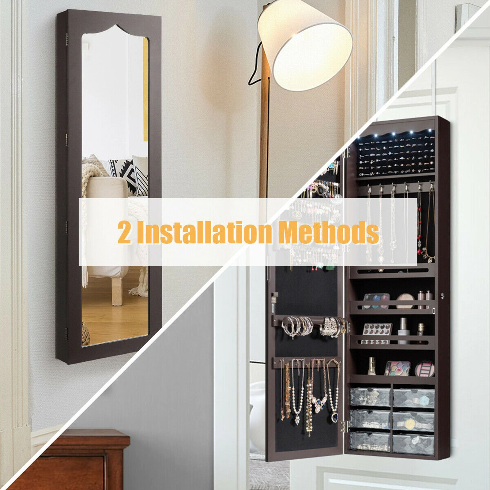 SUGIFT 5-LED Wall Mounted or Door Hanging Jewelry Armoire with Full Length Mirror 47.5-in Tall MDF Cabinet Brown
