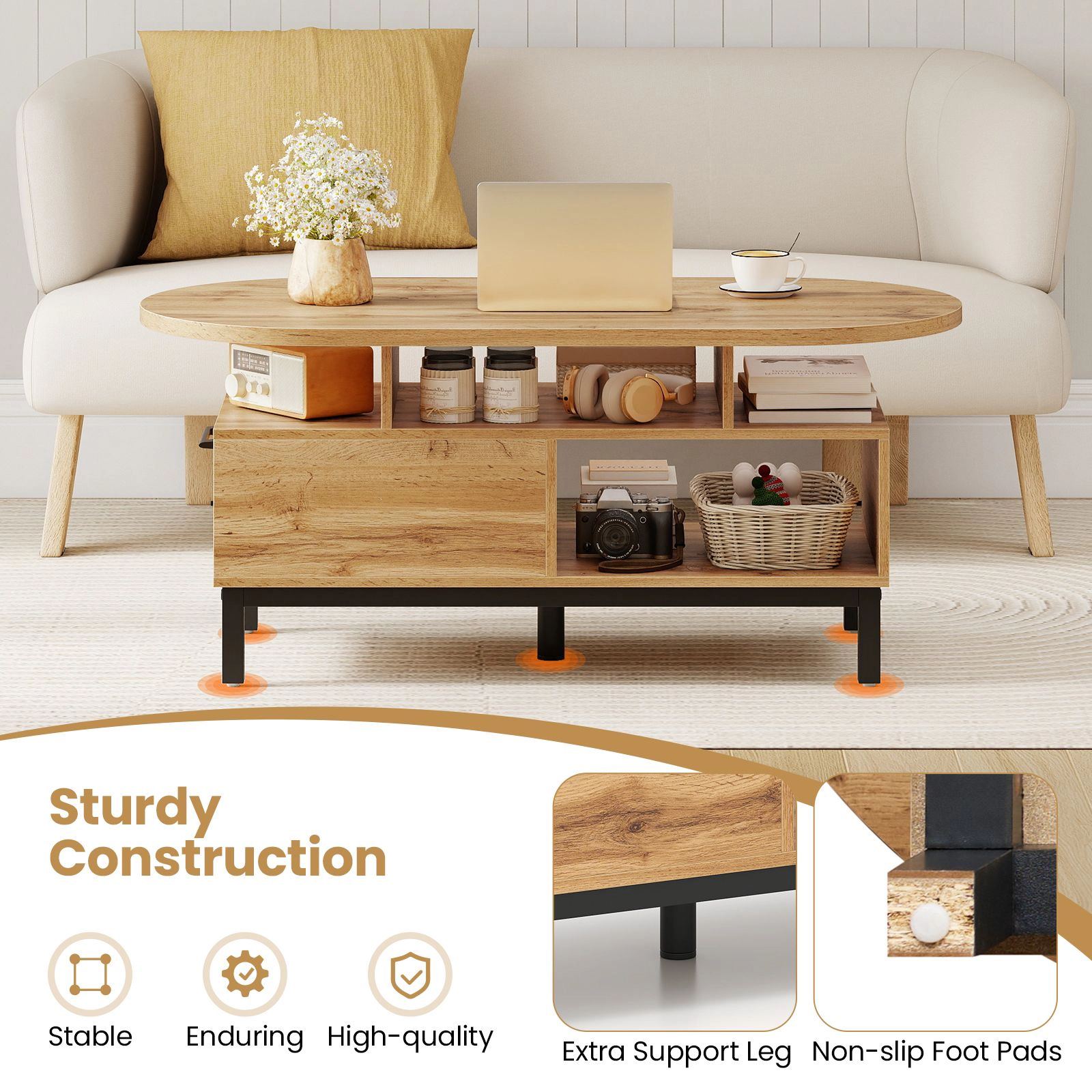 SlickBlue Modern Oval Center Table with Hidden Drawer Storage